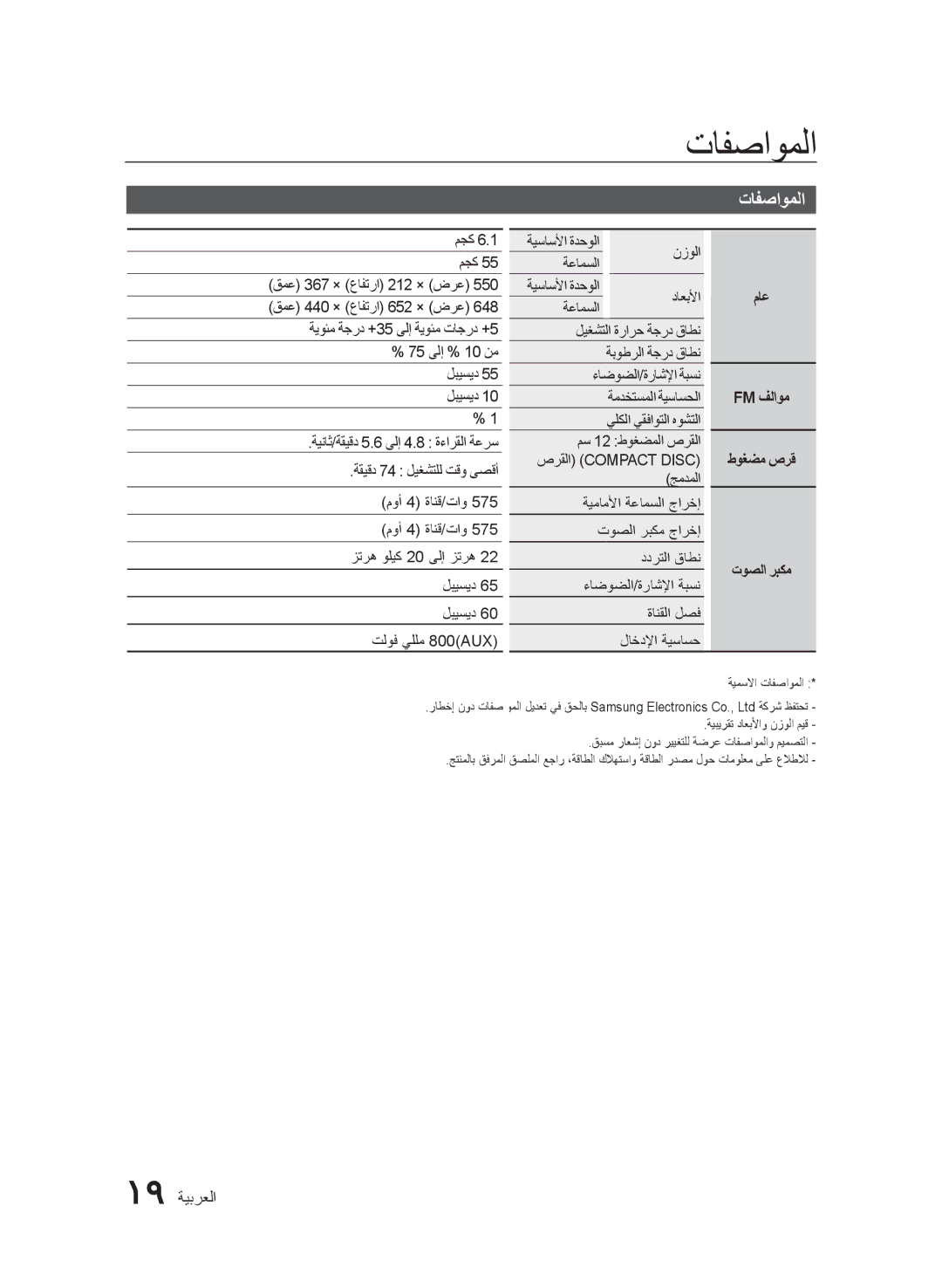 Samsung MX-FS8000/UM manual تافصاوملا, 19 ةيبرعلا, Fm فلاوم 