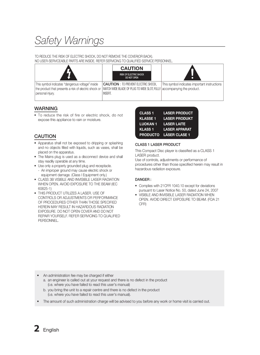 Samsung MX-FS9000/UM manual Safety Warnings, English, Accompanying the product, Personal injury 