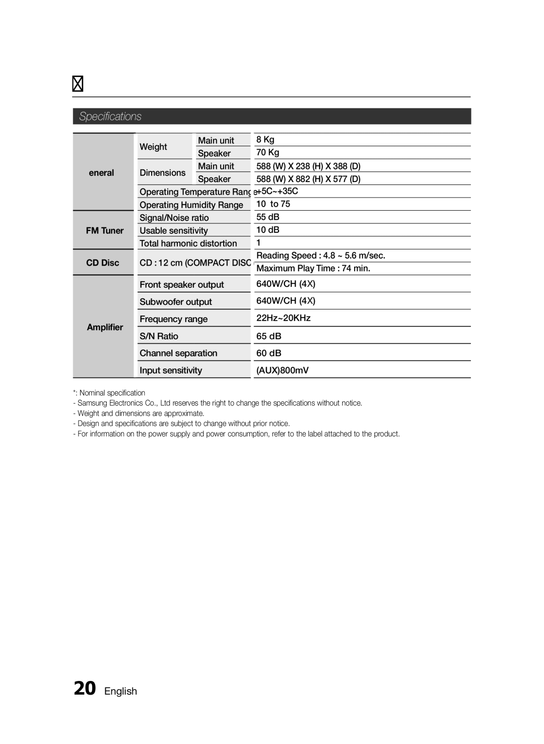 Samsung MX-FS9000/UM manual Specifications 