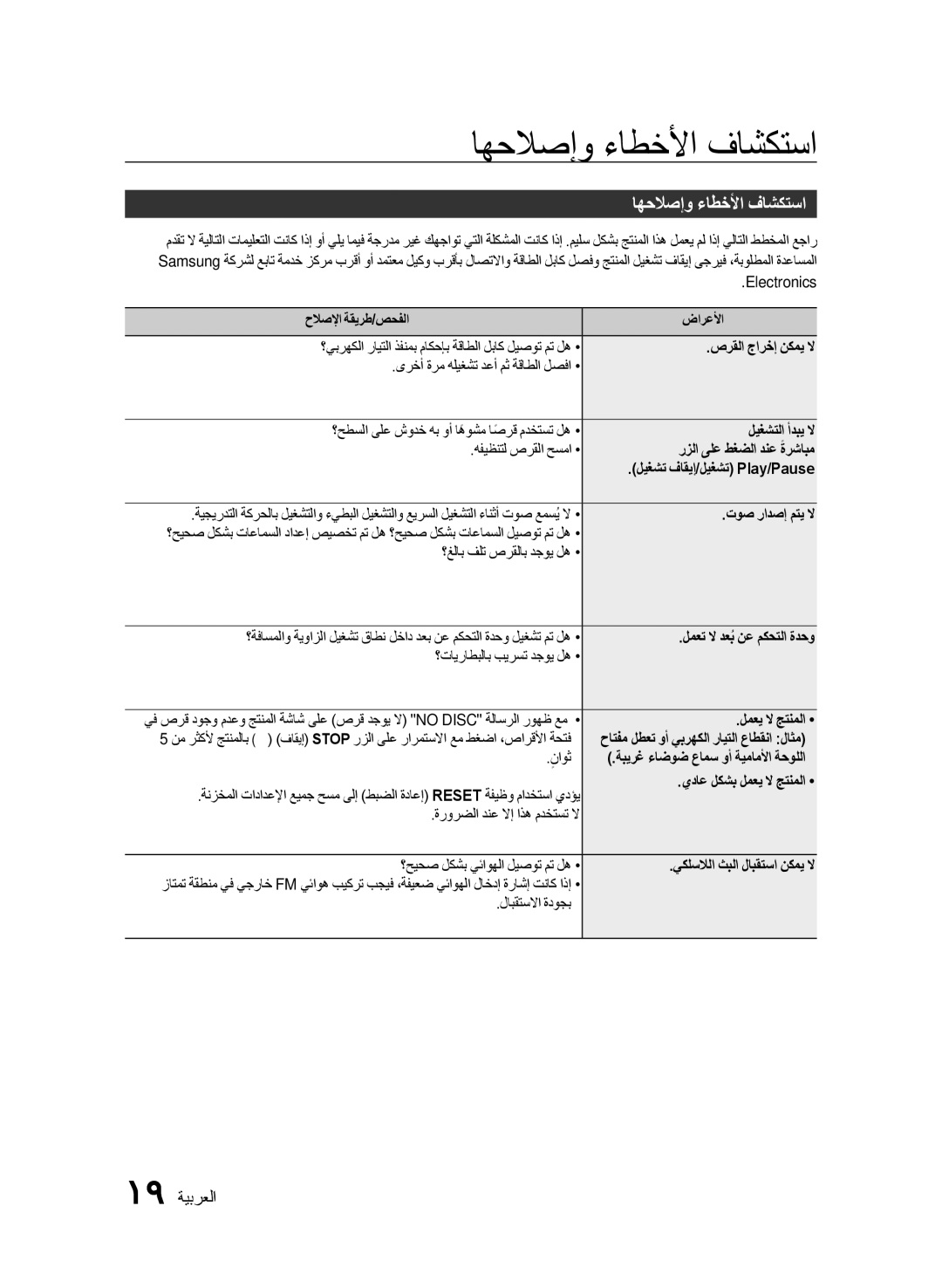 Samsung MX-FS9000/UM manual اهحلاصإو ءاطخلأا فاشكتسا, 19 ةيبرعلا 