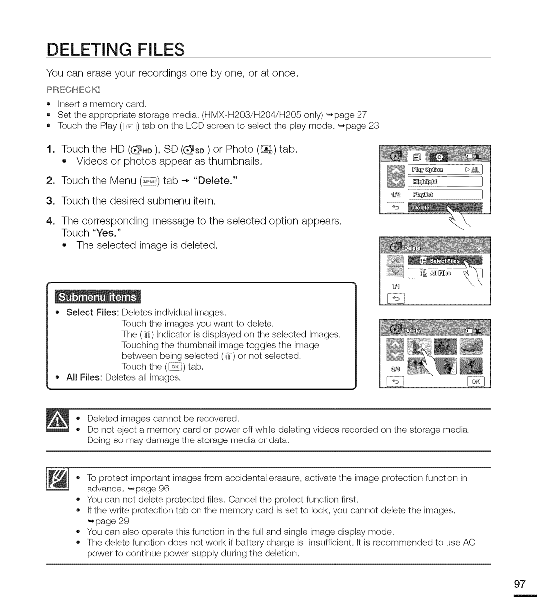 Samsung MX-H205RP, MX-H220RP, MX-H200RP, MX-H204RP Deleting Files, You can erase your recordings one by one, or at once 