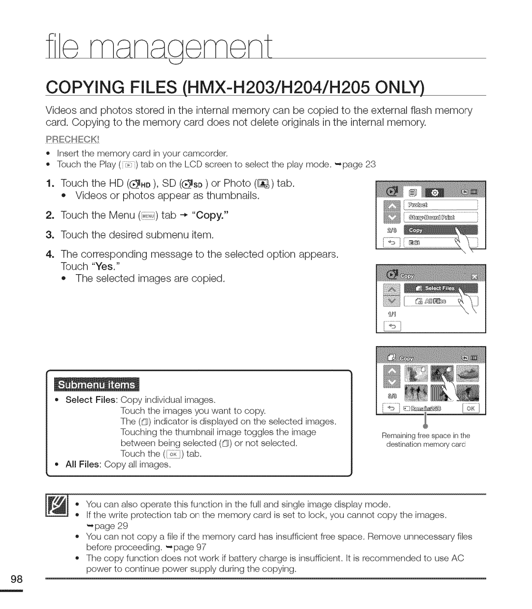 Samsung MX-H200RP, MX-H220RP, MX-H205RP, MX-H204RP, MX-H203RP user manual Copying Files HMX-H203/H204/H205 only, Iiiiii,ii 