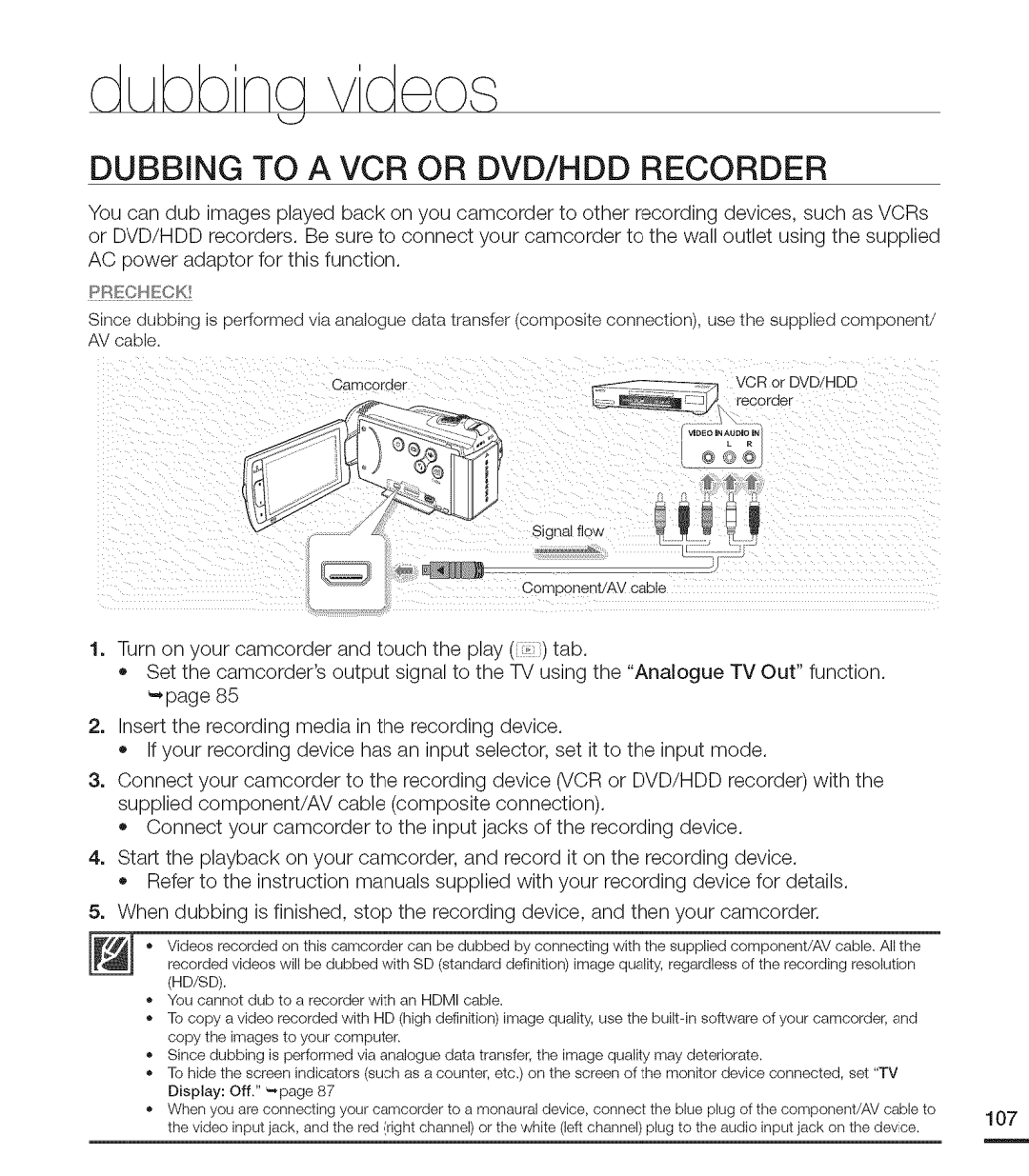 Samsung MX-H205RP, MX-H220RP, MX-H200RP, MX-H204RP, MX-H203RP user manual Dubbing to a VCR or DVD/HDD Recorder, 107 