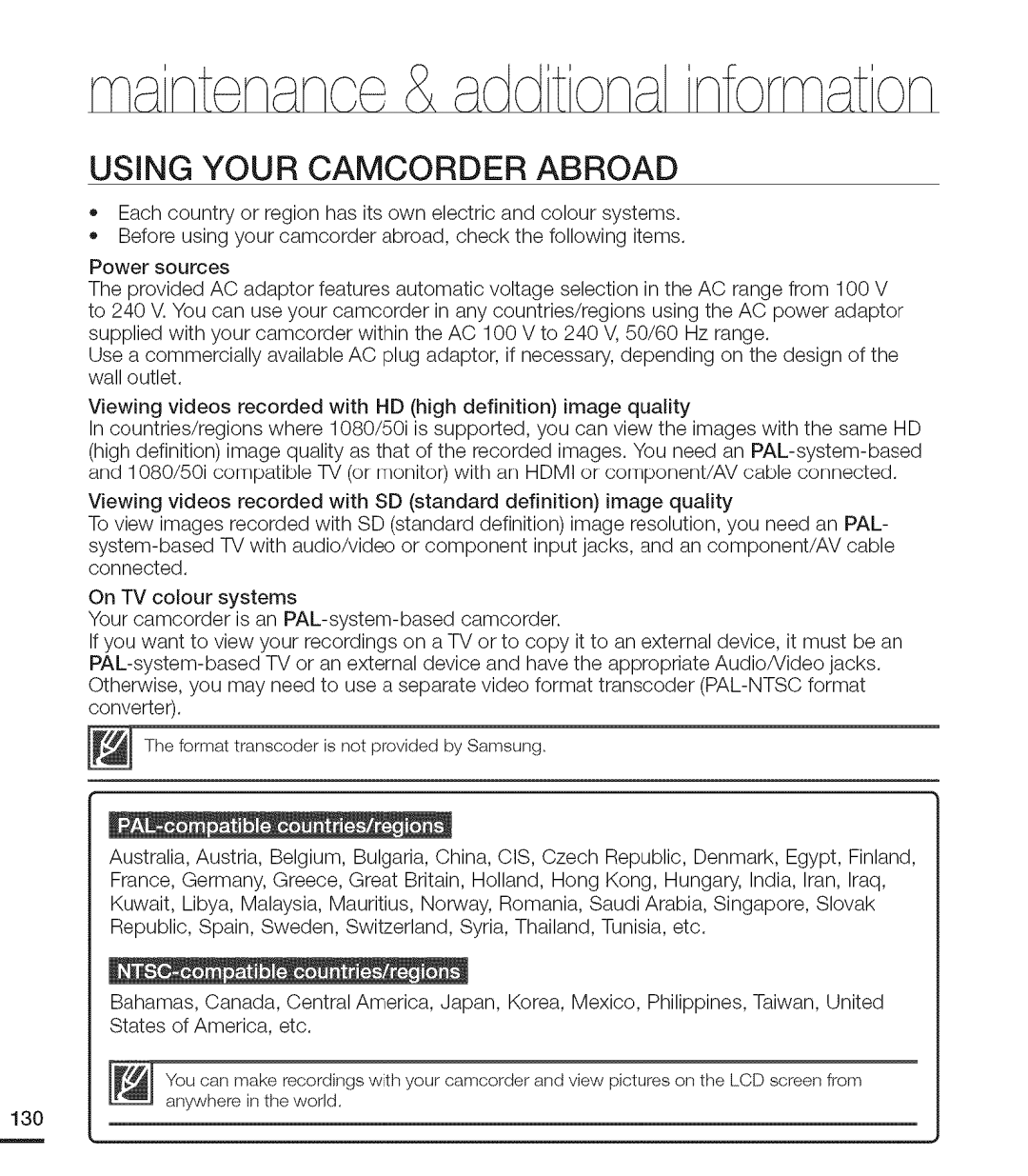 Samsung MX-H203RP, MX-H220RP, MX-H205RP, MX-H200RP, MX-H204RP user manual Using Your Camcorder Abroad 