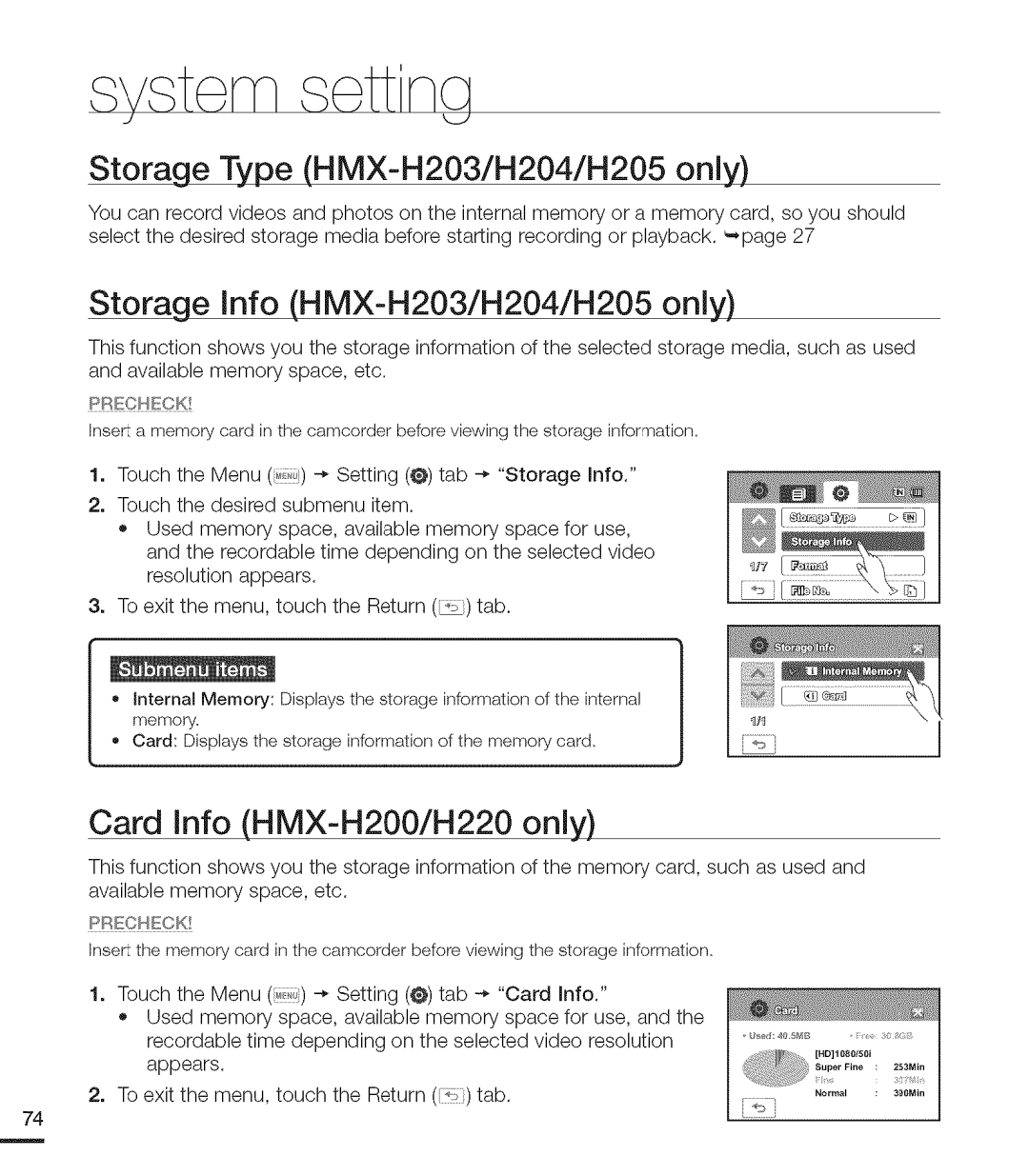 Samsung MX-H204RP Storage Type HMX-H203/H204/H205 only, Storage info HMX-H203/H204/H205 only, Card info HMX-H200/H220 only 