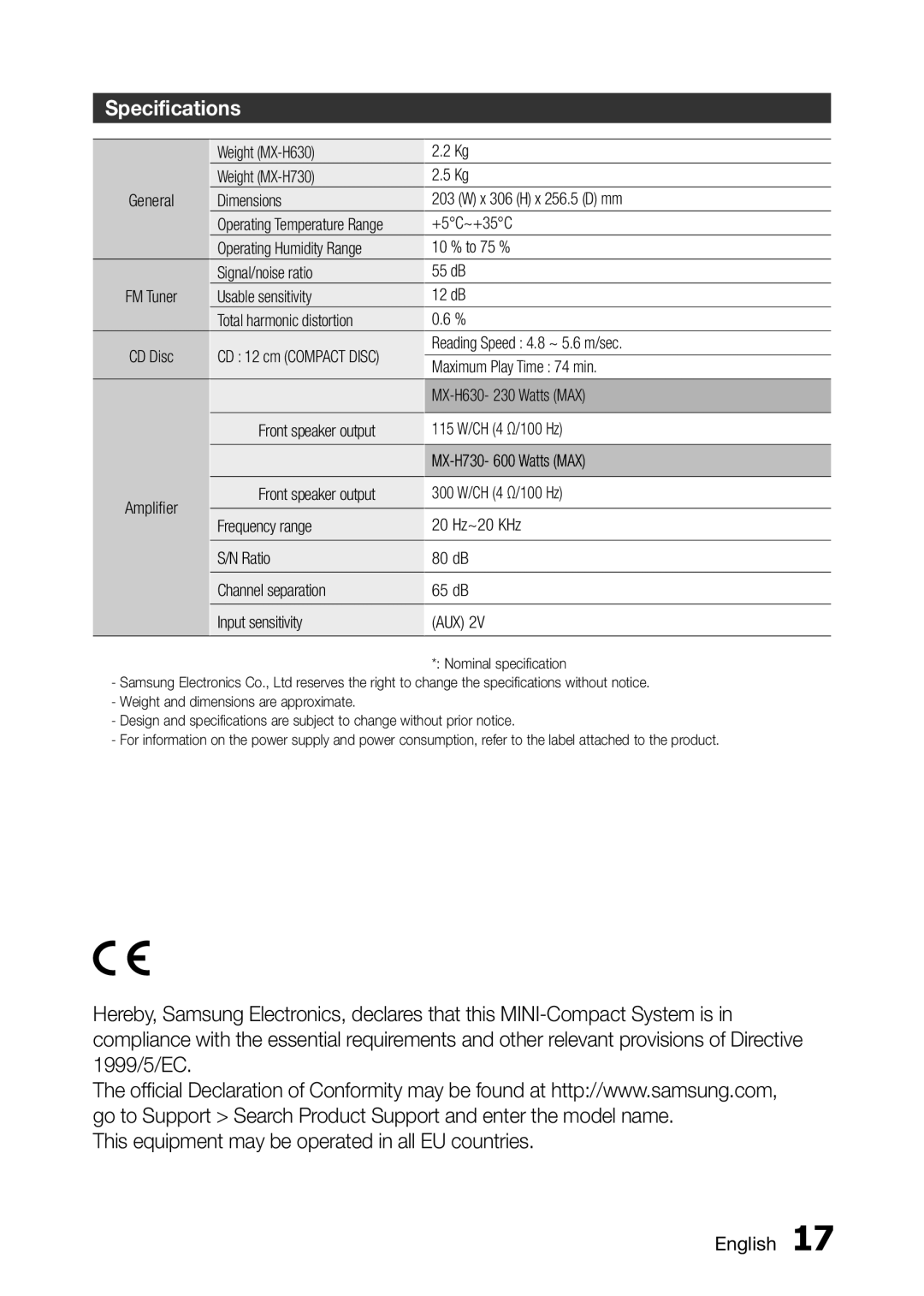 Samsung MX-H730/XE, MX-H630/EN, MX-H630/ZF, MX-H730/EN, MX-H730/XN, MX-H630/XN manual Specifications 