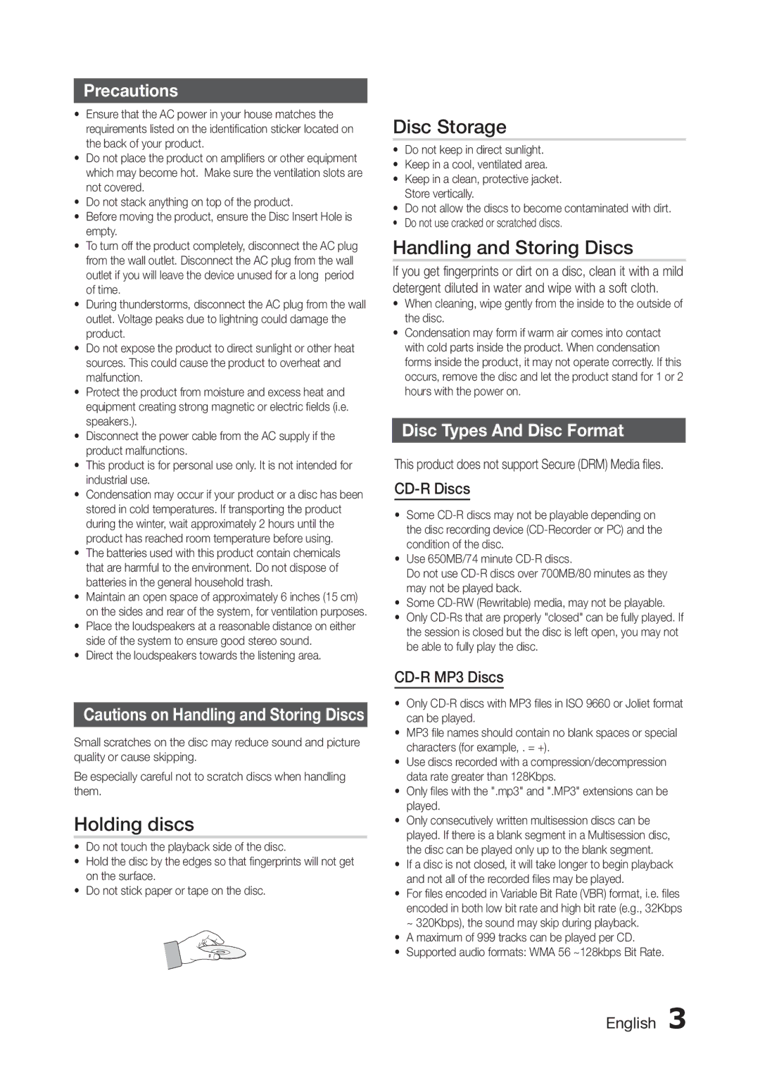 Samsung MX-H730/XN manual Holding discs, Disc Storage, Handling and Storing Discs, Precautions, Disc Types And Disc Format 