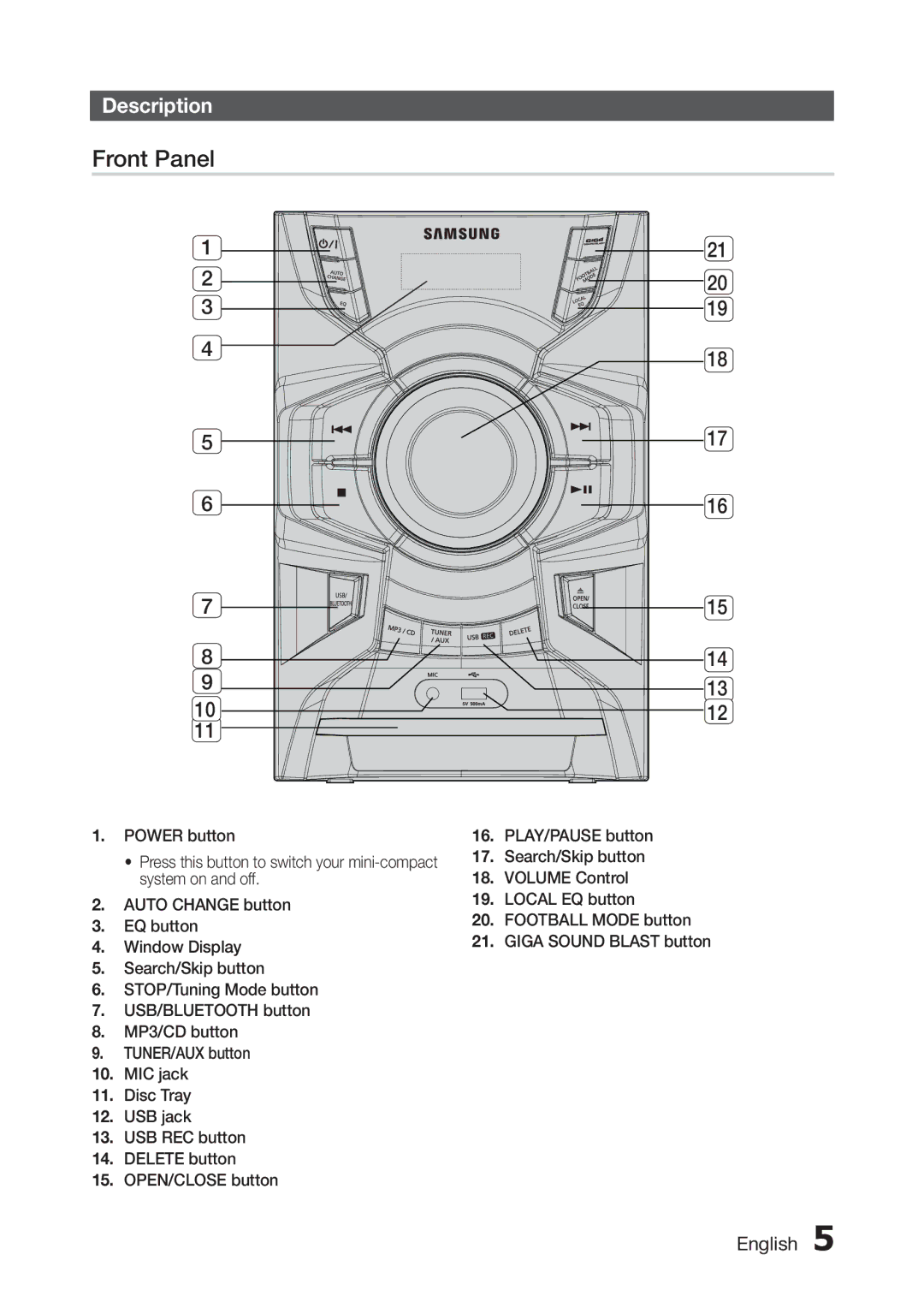 Samsung MX-H730/XE, MX-H630/EN, MX-H630/ZF, MX-H730/EN, MX-H730/XN, MX-H630/XN manual Front Panel, Description 