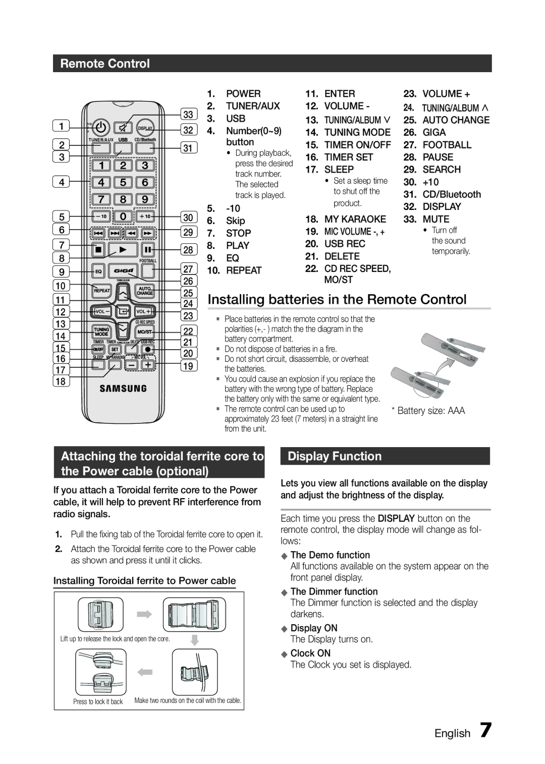 Samsung MX-H630/ZF Installing batteries in the Remote Control, Attaching the toroidal ferrite core to Power cable optional 