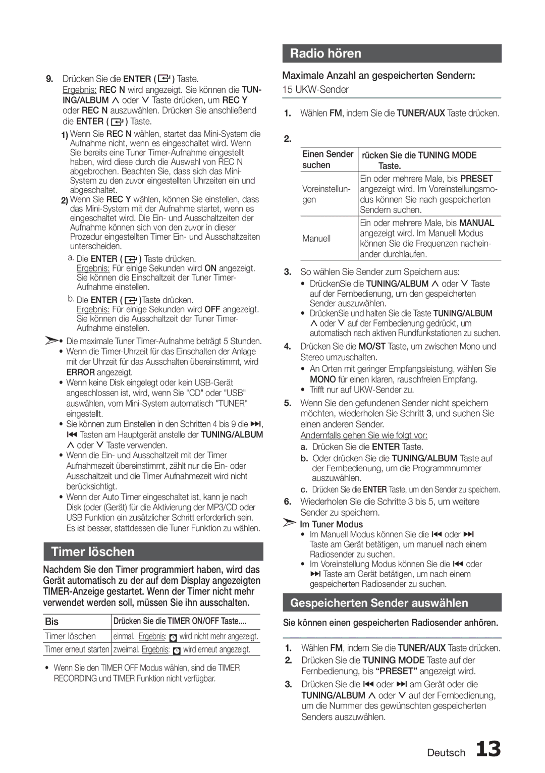 Samsung MX-H630/ZF, MX-H630/EN Timer löschen, Radio hören, Bis, Maximale Anzahl an gespeicherten Sendern 15 UKW-Sender 