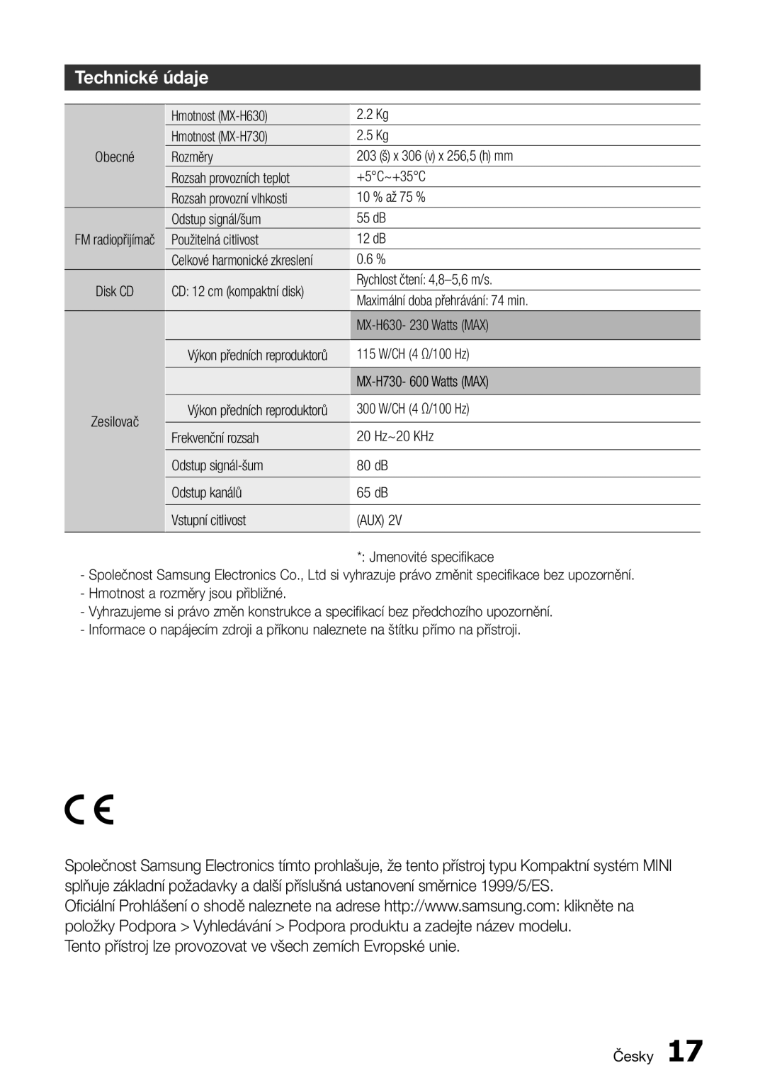 Samsung MX-H730/EN, MX-H630/EN, MX-H730/XN, MX-H630/XN manual Technické údaje 