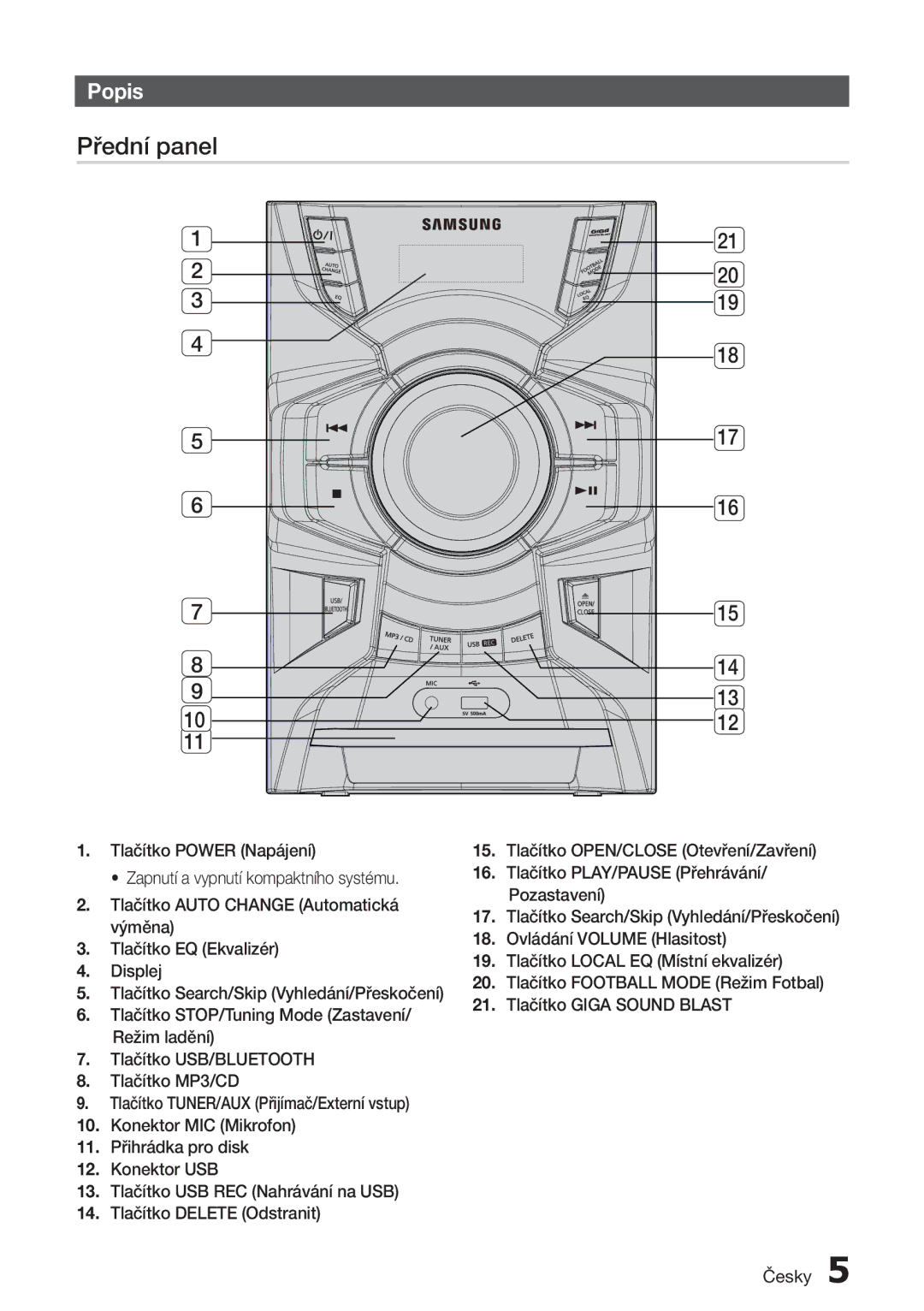 Samsung MX-H730/EN, MX-H630/EN, MX-H730/XN, MX-H630/XN manual Přední panel, Popis 