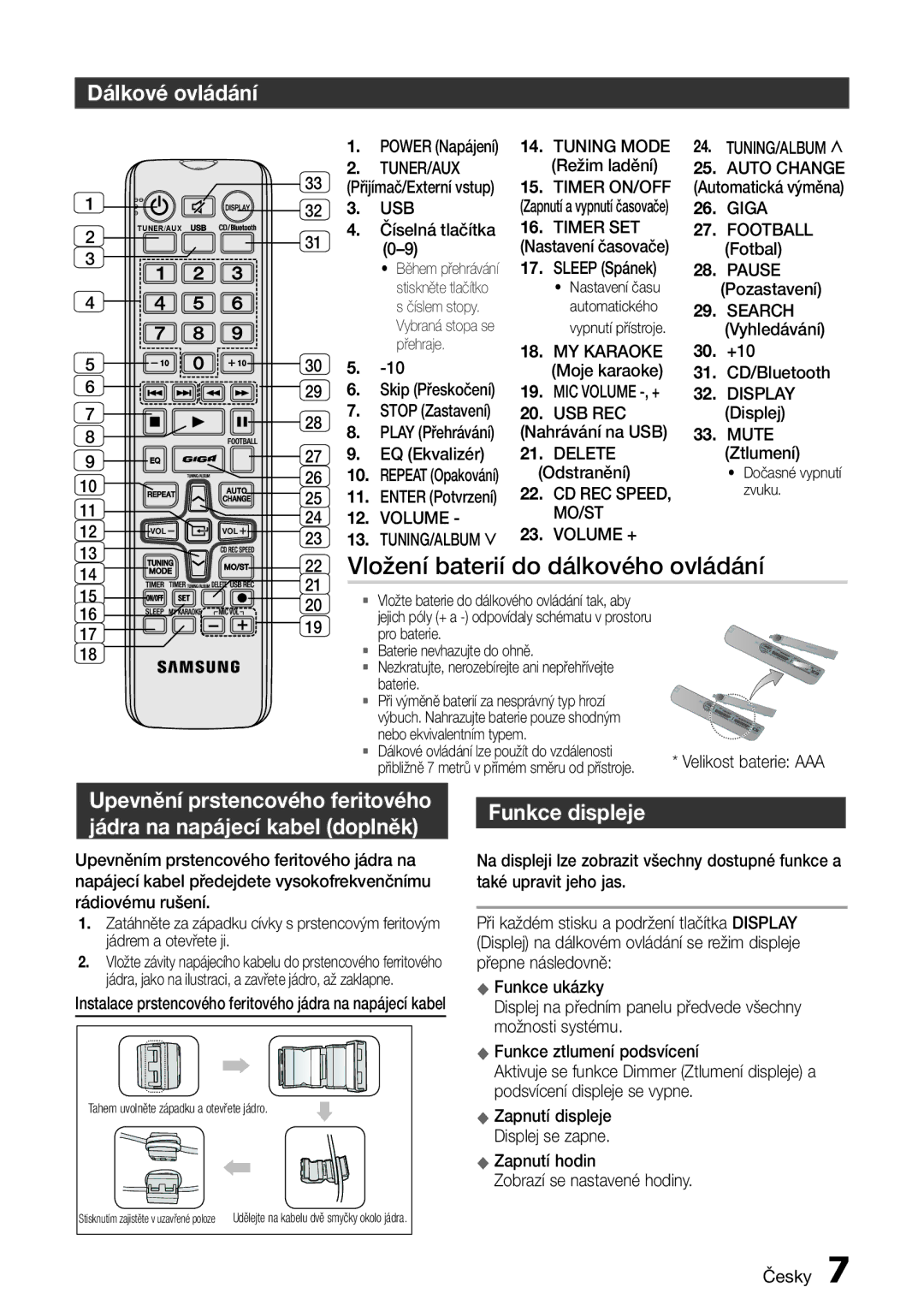 Samsung MX-H630/XN, MX-H630/EN, MX-H730/EN manual Vložení baterií do dálkového ovládání, Dálkové ovládání, Funkce displeje 