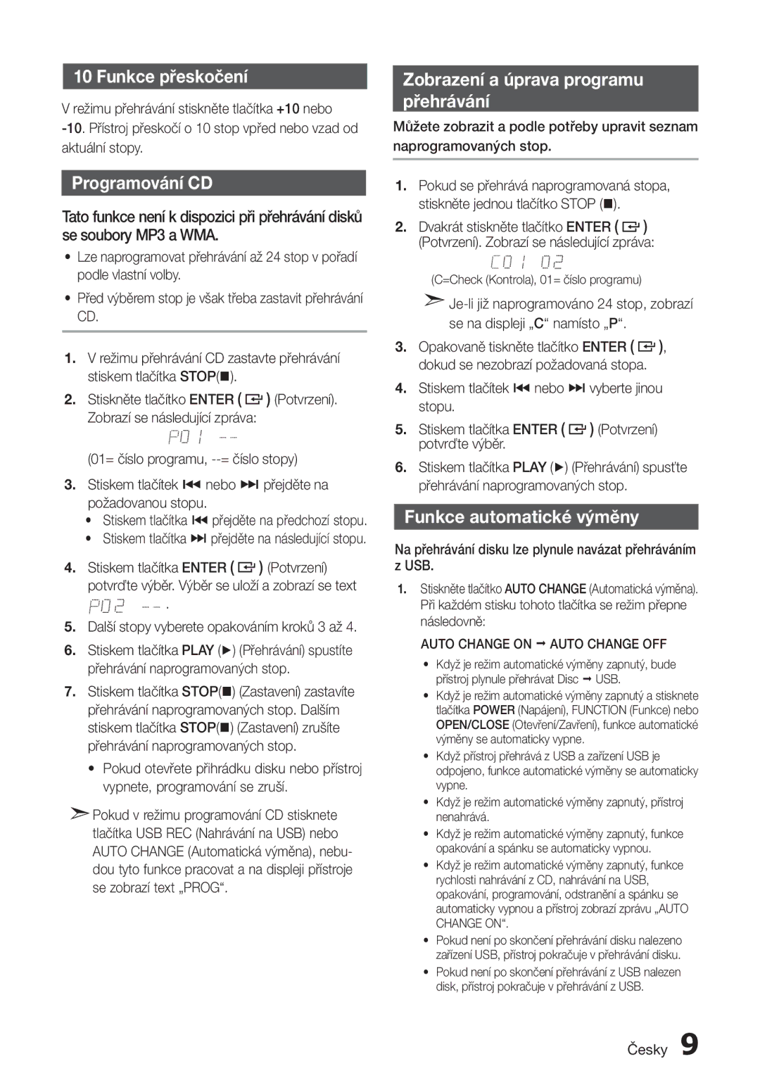 Samsung MX-H730/EN Funkce přeskočení, Programování CD, Zobrazení a úprava programu Přehrávání, Funkce automatické výměny 