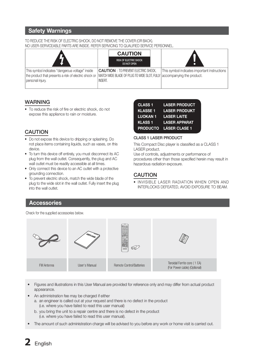 Samsung MX-H730/XN, MX-H630/EN, MX-H730/EN manual Safety Warnings, Accessories, Accompanying the product, Personal injury 