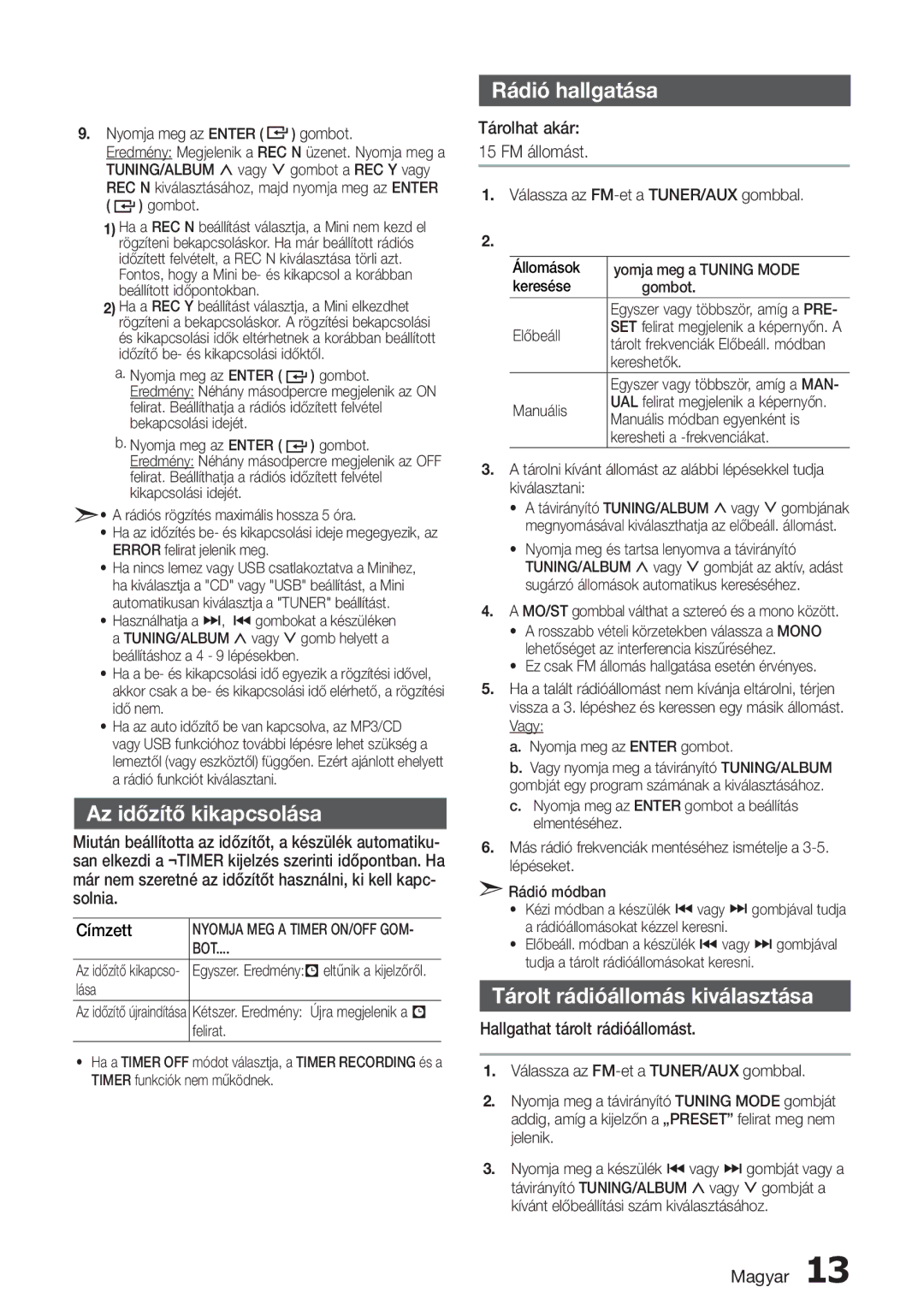 Samsung MX-H730/EN, MX-H630/EN, MX-H730/XN manual Az időzítő kikapcsolása, Rádió hallgatása, Tárolt rádióállomás kiválasztása 