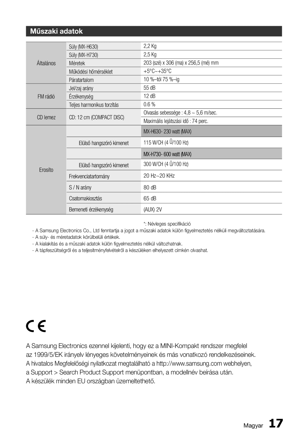 Samsung MX-H730/EN, MX-H630/EN, MX-H730/XN, MX-H630/XN manual Műszaki adatok, Készülék minden EU országban üzemeltethető 