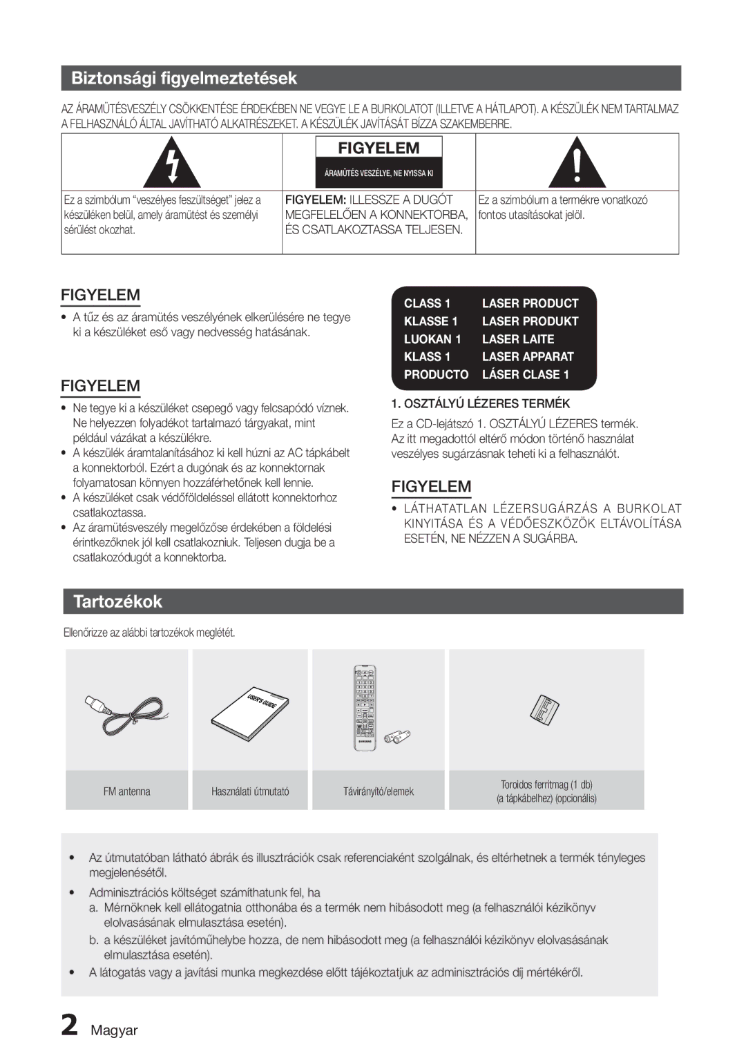 Samsung MX-H730/XN manual Biztonsági figyelmeztetések, Tartozékok, Magyar, Fontos utasításokat jelöl, Sérülést okozhat 