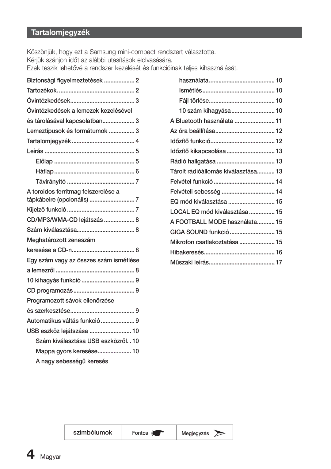 Samsung MX-H630/EN, MX-H730/EN, MX-H730/XN, MX-H630/XN manual Tartalomjegyzék 