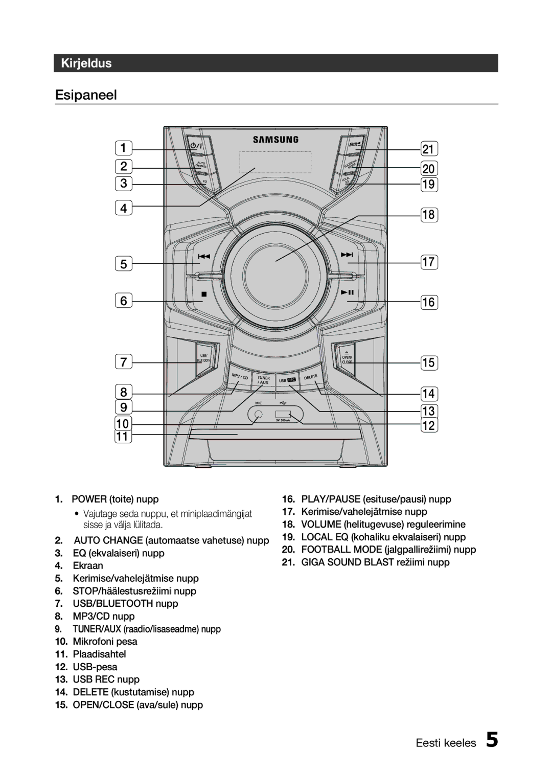 Samsung MX-H730/EN, MX-H630/EN manual Esipaneel, Power toite nupp 