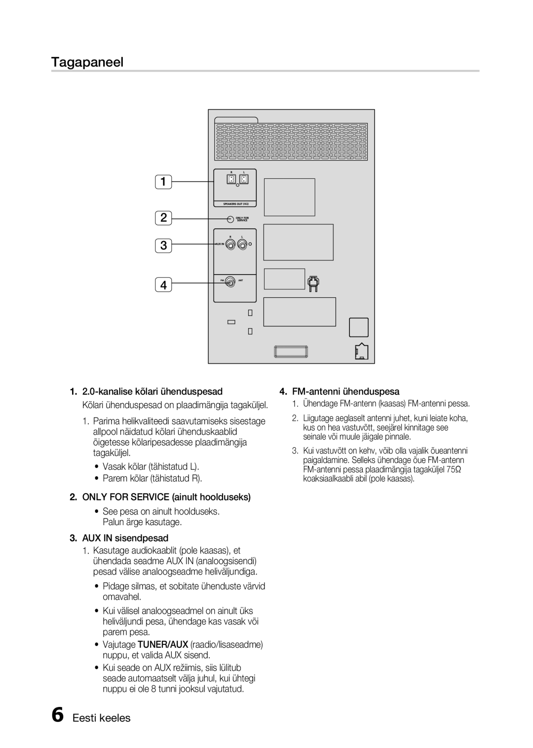 Samsung MX-H630/EN, MX-H730/EN manual Tagapaneel, AUX in sisendpesad, Kanalise kõlari ühenduspesad 