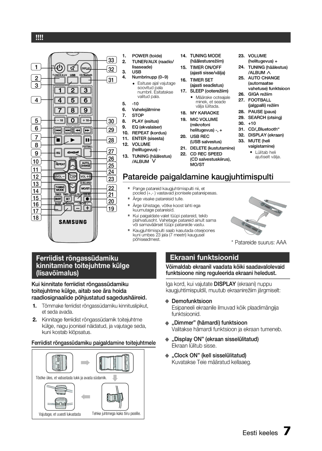 Samsung MX-H730/EN, MX-H630/EN manual Patareide paigaldamine kaugjuhtimispulti, Ekraani funktsioonid, Patareide suurus AAA 