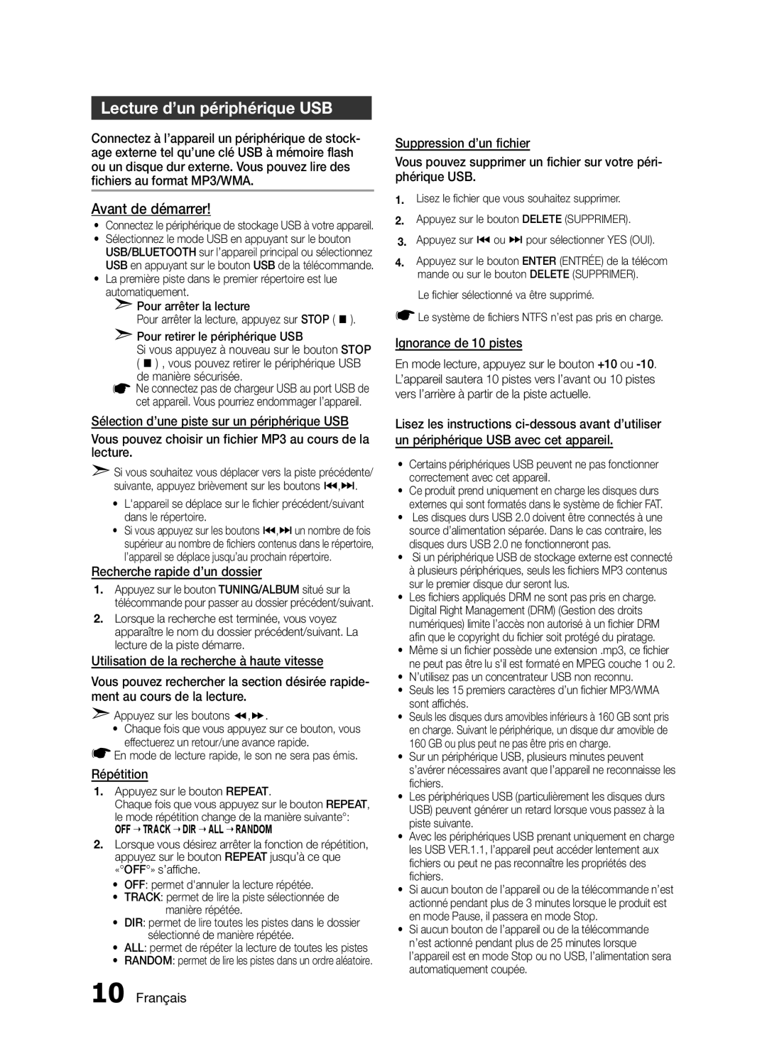 Samsung MX-H630/ZF, MX-H730/ZF manual Lecture d’un périphérique USB, Recherche rapide d’un dossier, Répétition 