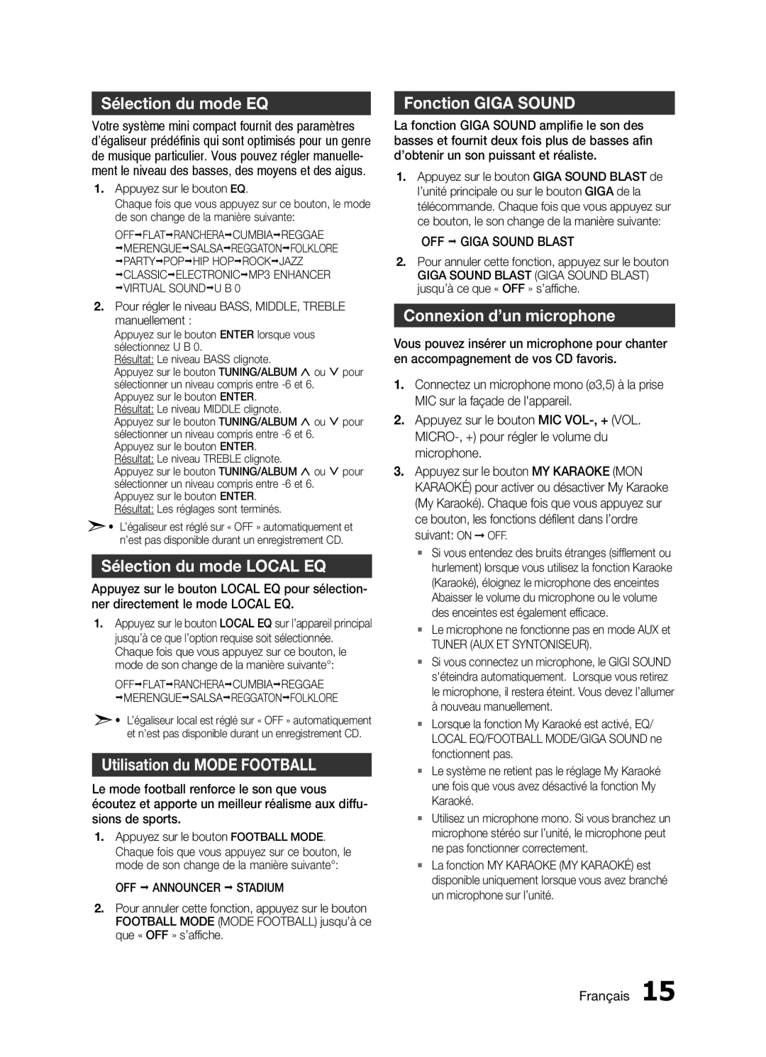 Samsung MX-H730/ZF Sélection du mode EQ, Sélection du mode Local EQ, Utilisation du Mode Football, Fonction Giga Sound 