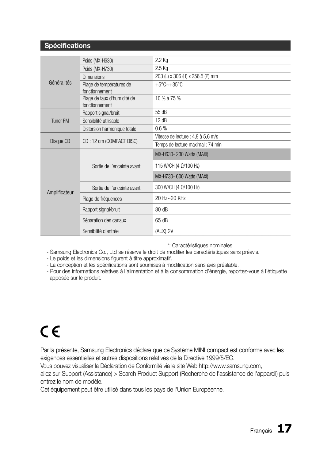 Samsung MX-H730/ZF, MX-H630/ZF manual Spécifications 