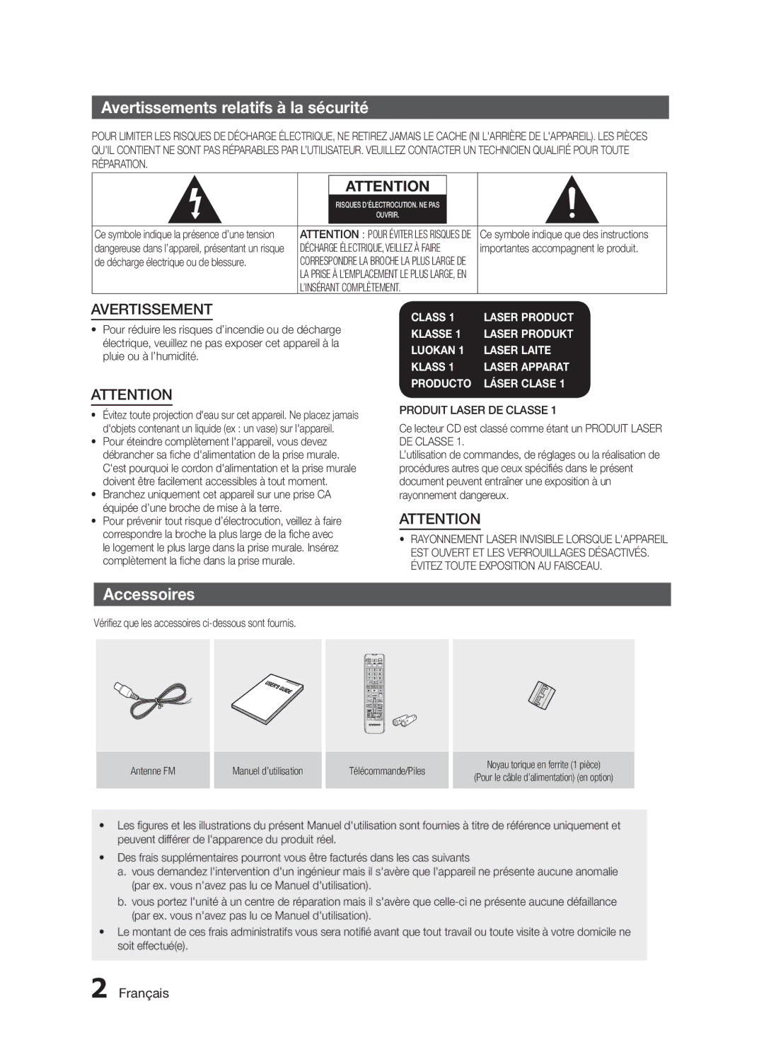 Samsung MX-H630/ZF Avertissements relatifs à la sécurité, Accessoires, Français, De décharge électrique ou de blessure 