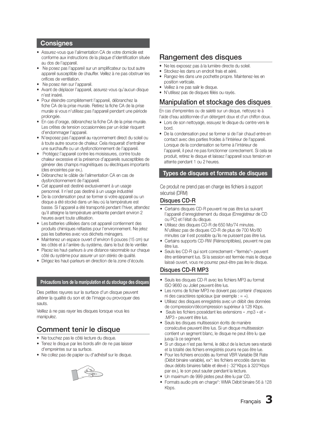 Samsung MX-H730/ZF manual Comment tenir le disque, Rangement des disques, Manipulation et stockage des disques, Consignes 