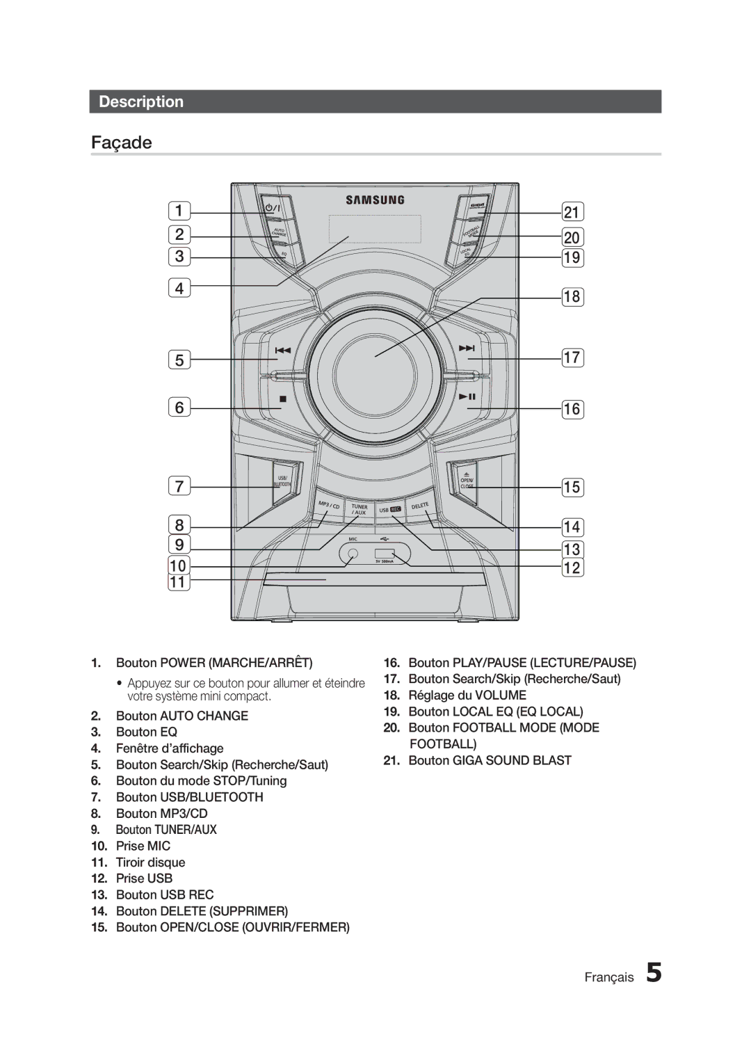 Samsung MX-H730/ZF, MX-H630/ZF manual Façade, Description, Bouton Giga Sound Blast Français 