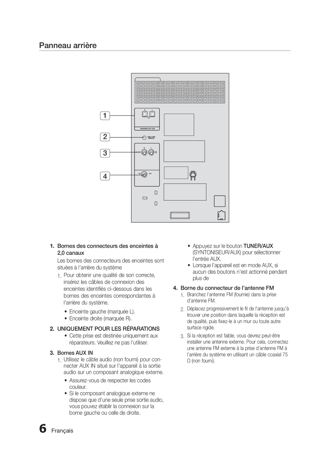 Samsung MX-H630/ZF, MX-H730/ZF manual Panneau arrière, Bornes des connecteurs des enceintes à 2,0 canaux, Bornes AUX 