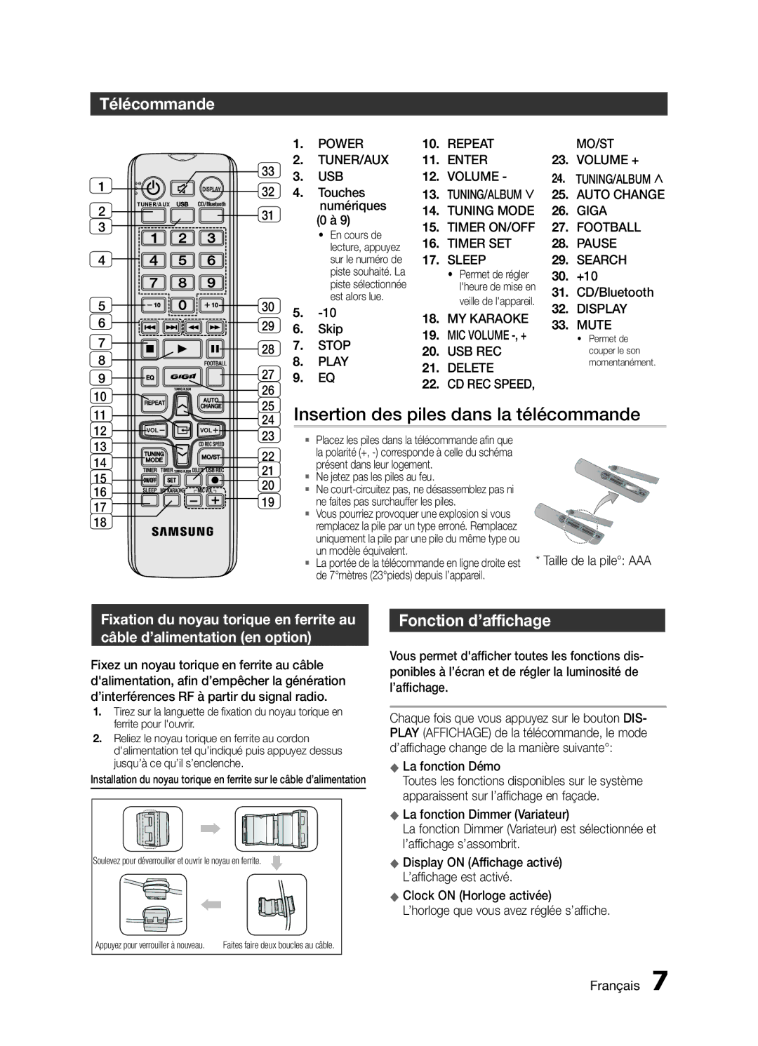 Samsung MX-H730/ZF, MX-H630/ZF manual Insertion des piles dans la télécommande, Télécommande, Fonction d’affichage 