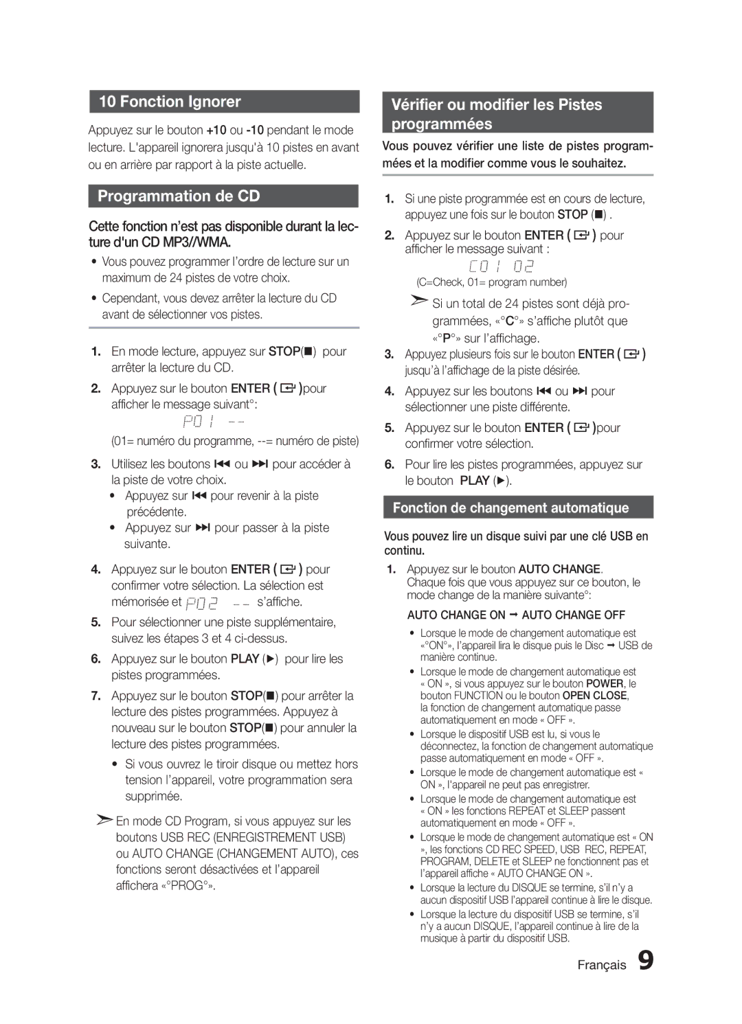 Samsung MX-H730/ZF, MX-H630/ZF manual Fonction Ignorer, Programmation de CD, Vérifier ou modifier les Pistes Programmées 