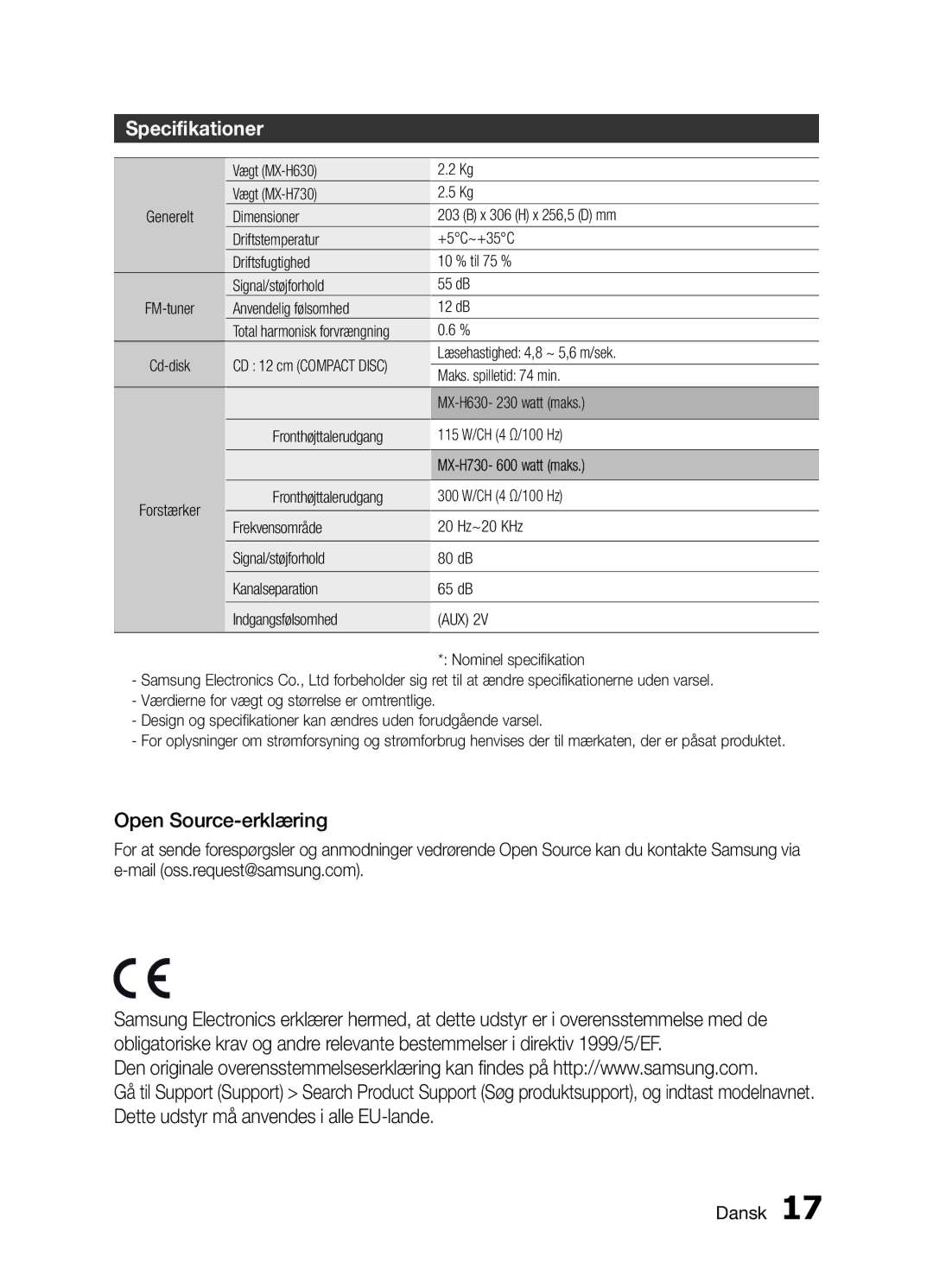 Samsung MX-H730/XE manual Specifikationer 