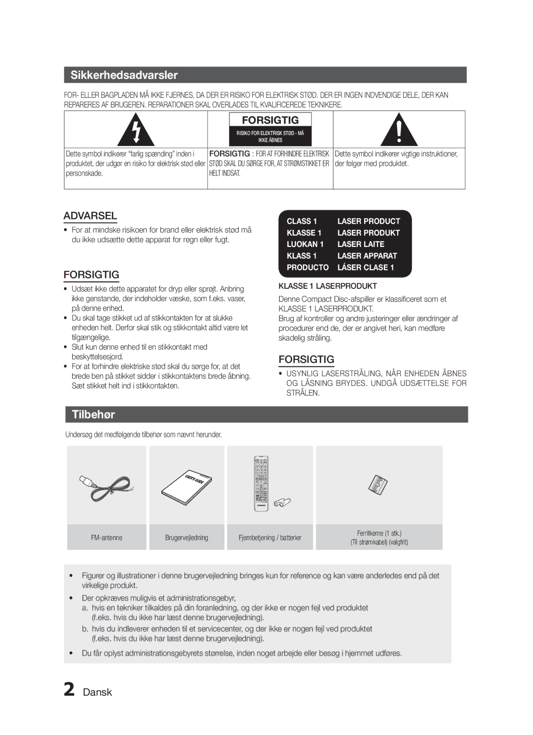 Samsung MX-H730/XE manual Sikkerhedsadvarsler, Tilbehør, Der følger med produktet, Personskade 