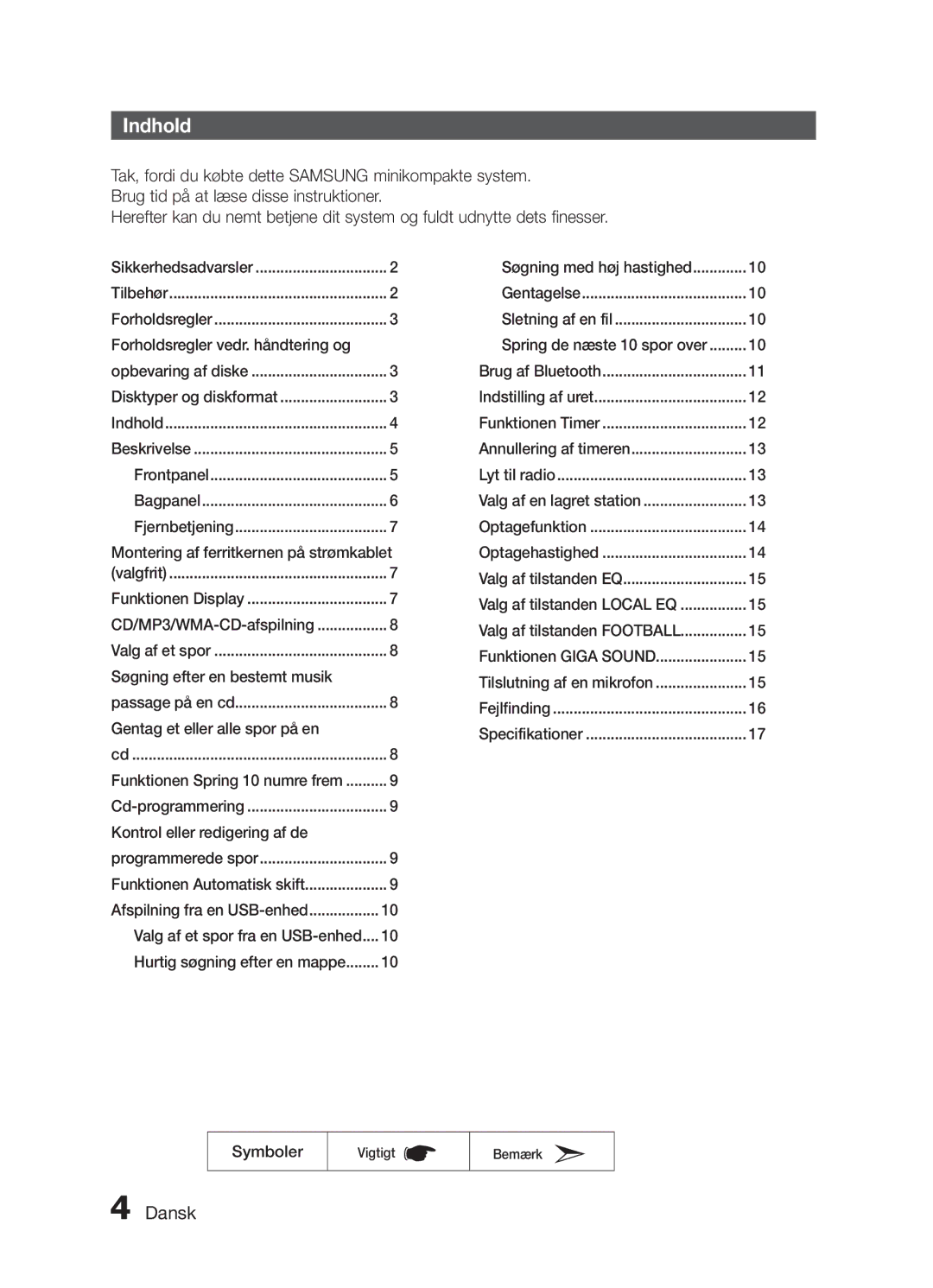 Samsung MX-H730/XE manual Indhold 