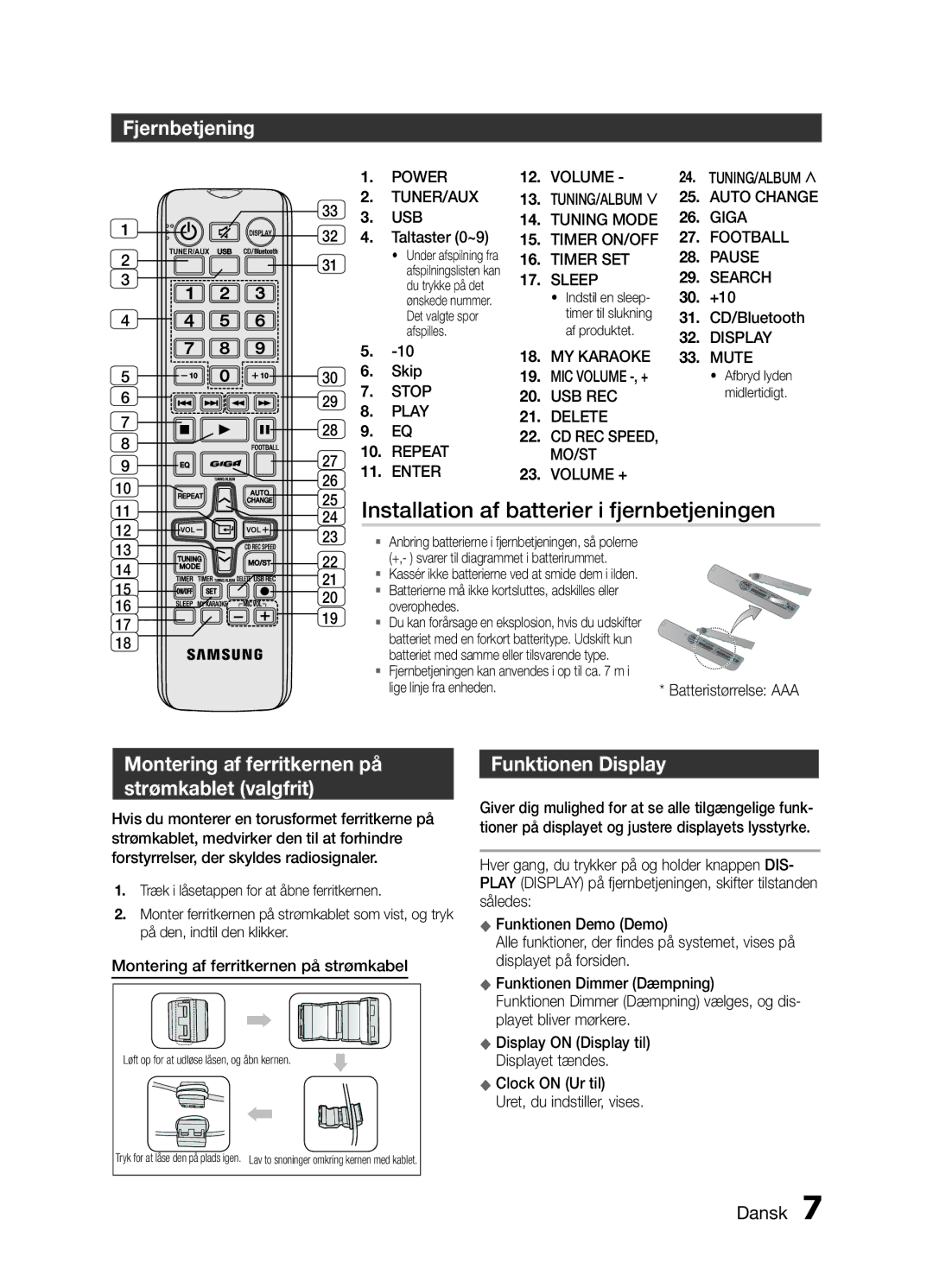 Samsung MX-H730/XE manual Installation af batterier i fjernbetjeningen, Fjernbetjening, Funktionen Display 