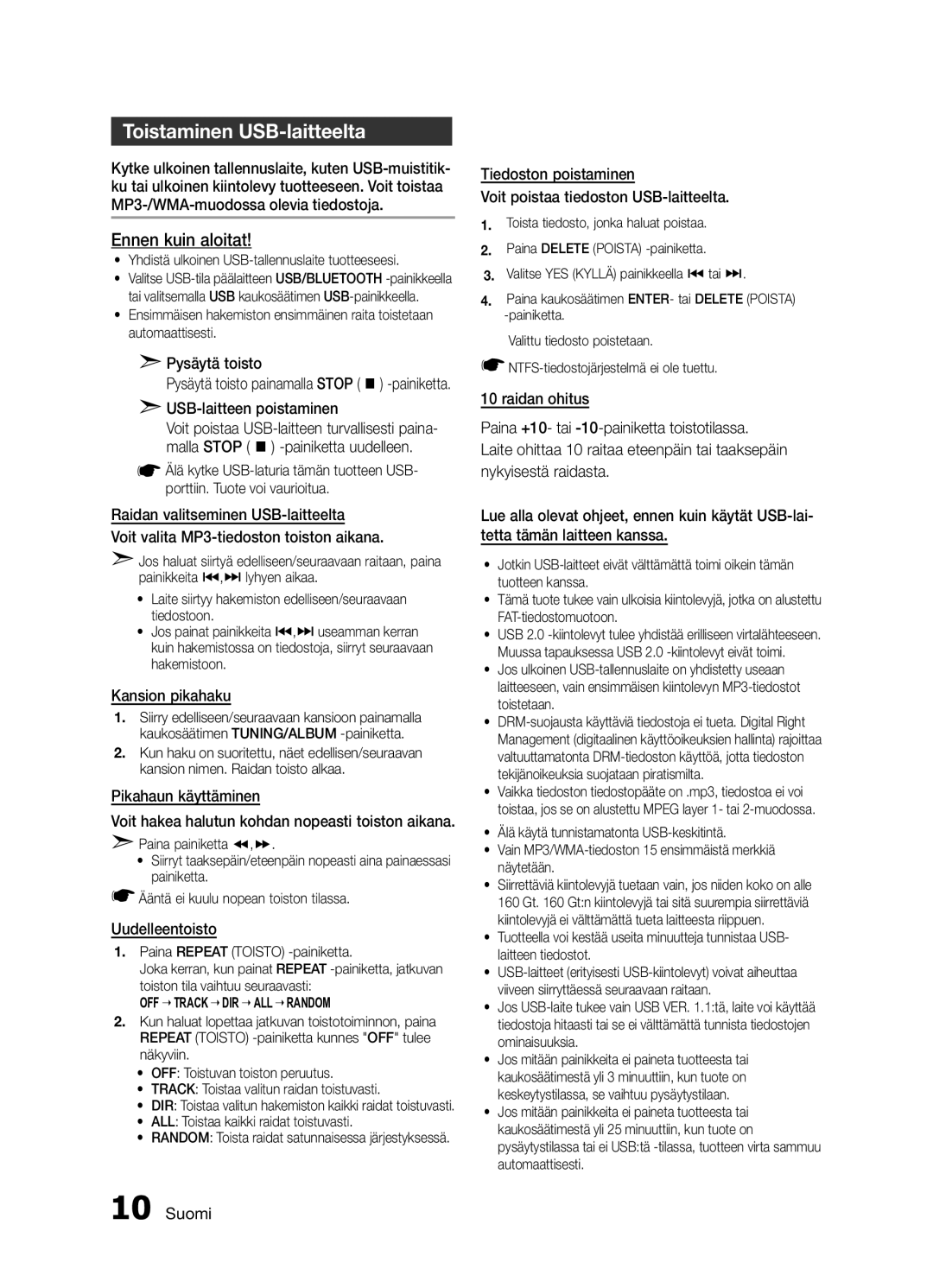 Samsung MX-H730/XE manual Toistaminen USB-laitteelta, Pysäytä toisto, USB-laitteen poistaminen, Kansion pikahaku 