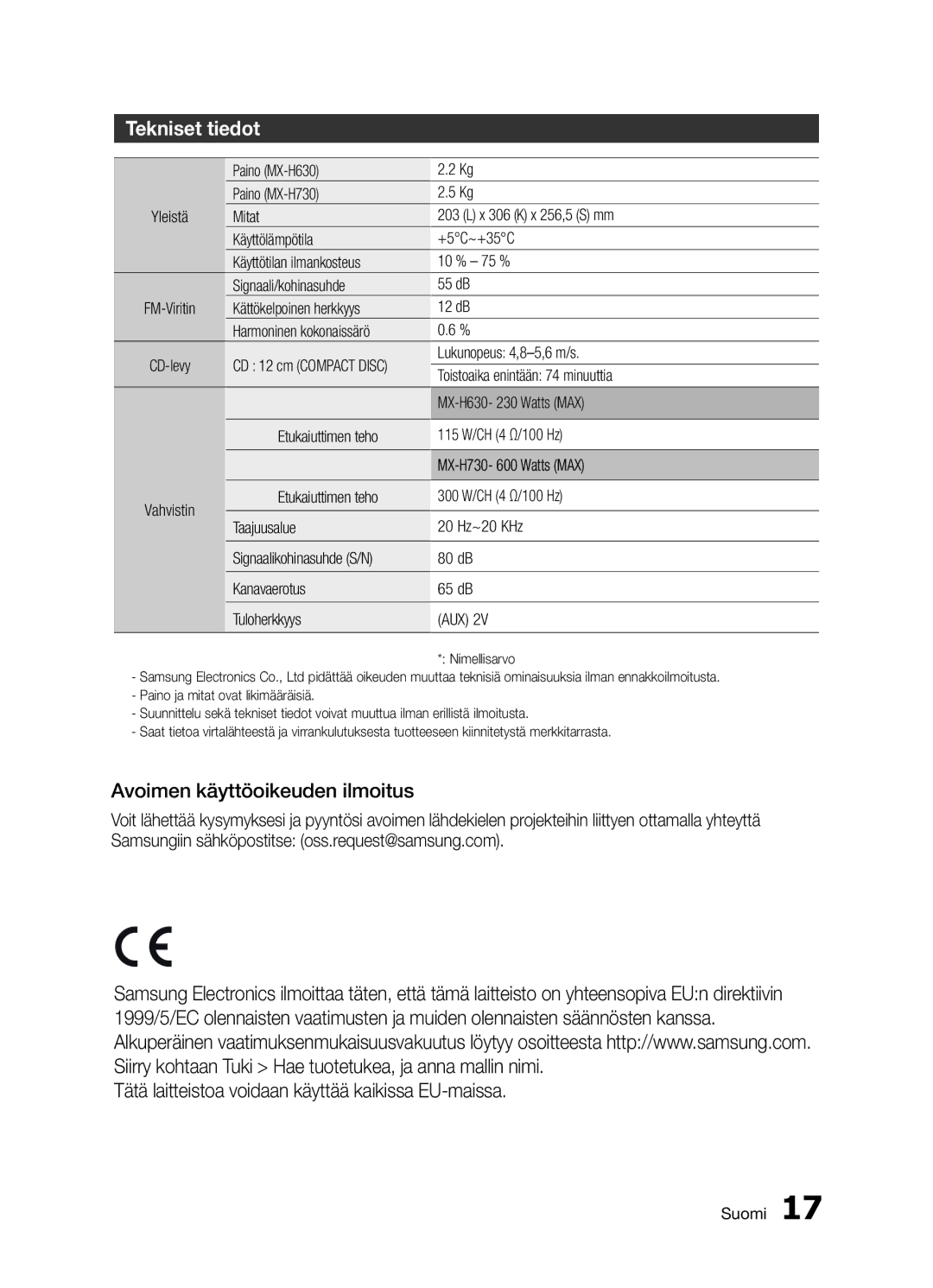 Samsung MX-H730/XE manual Tekniset tiedot 