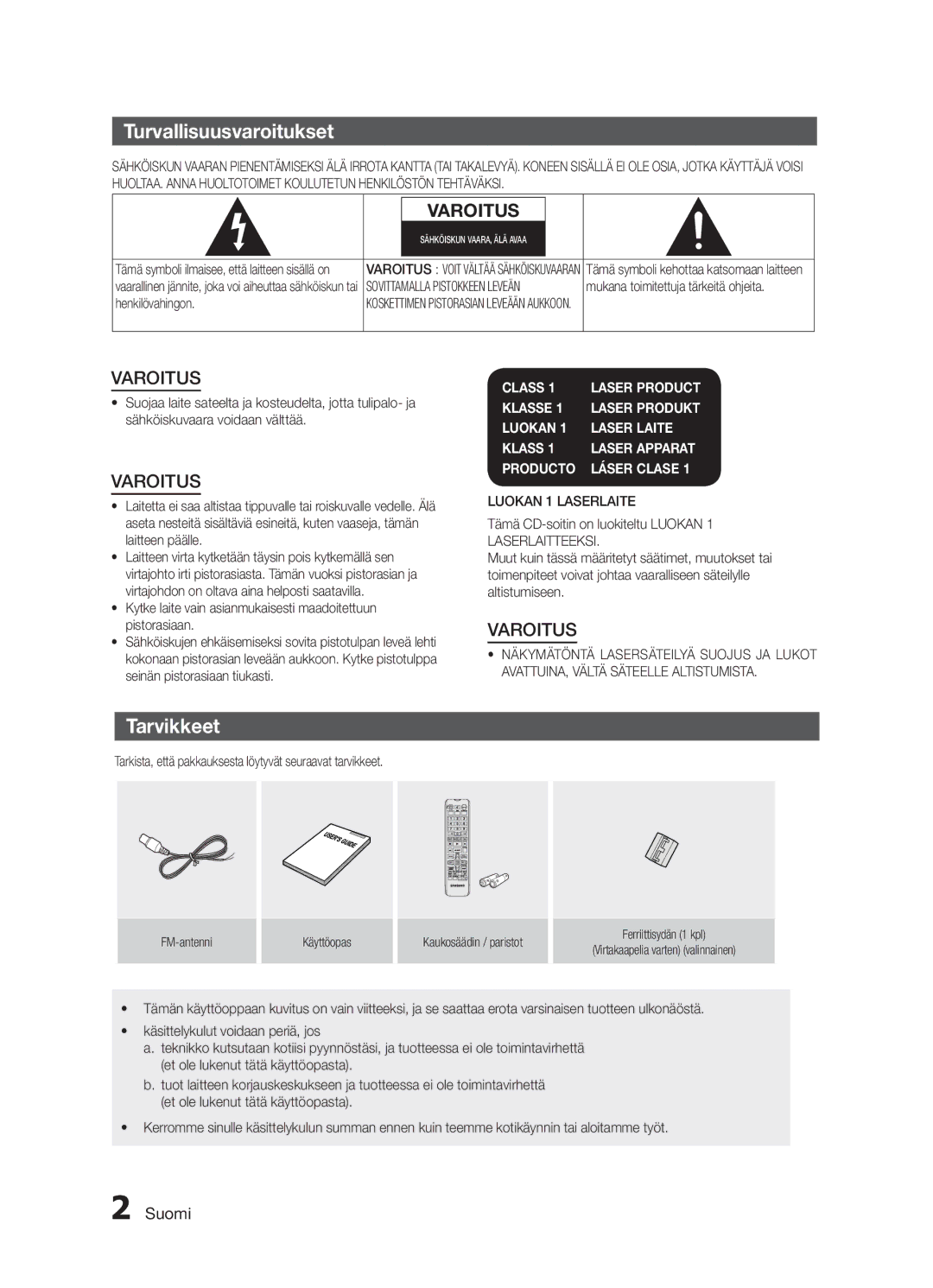 Samsung MX-H730/XE manual Turvallisuusvaroitukset, Tarvikkeet, Suomi 