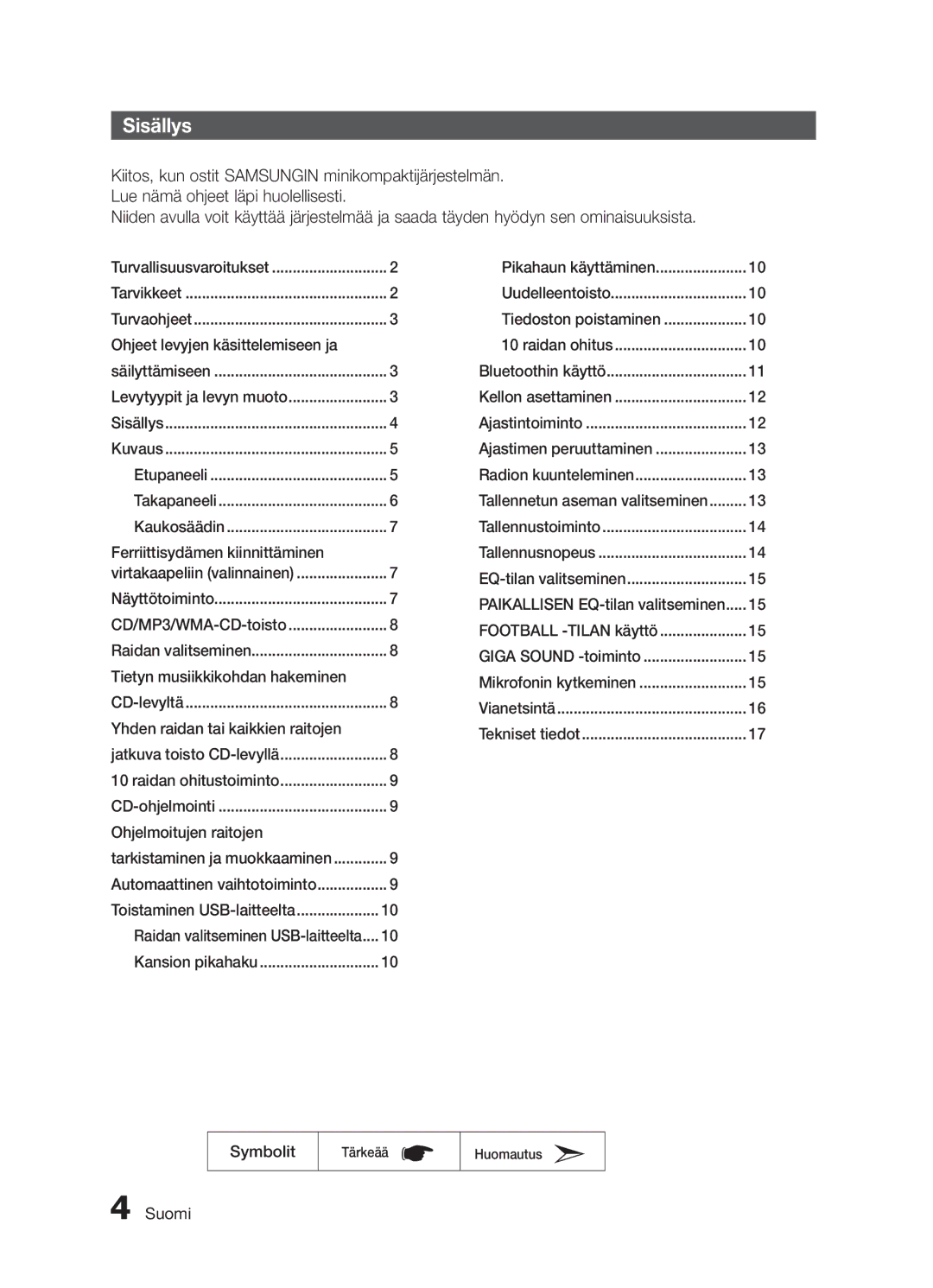 Samsung MX-H730/XE manual Sisällys 