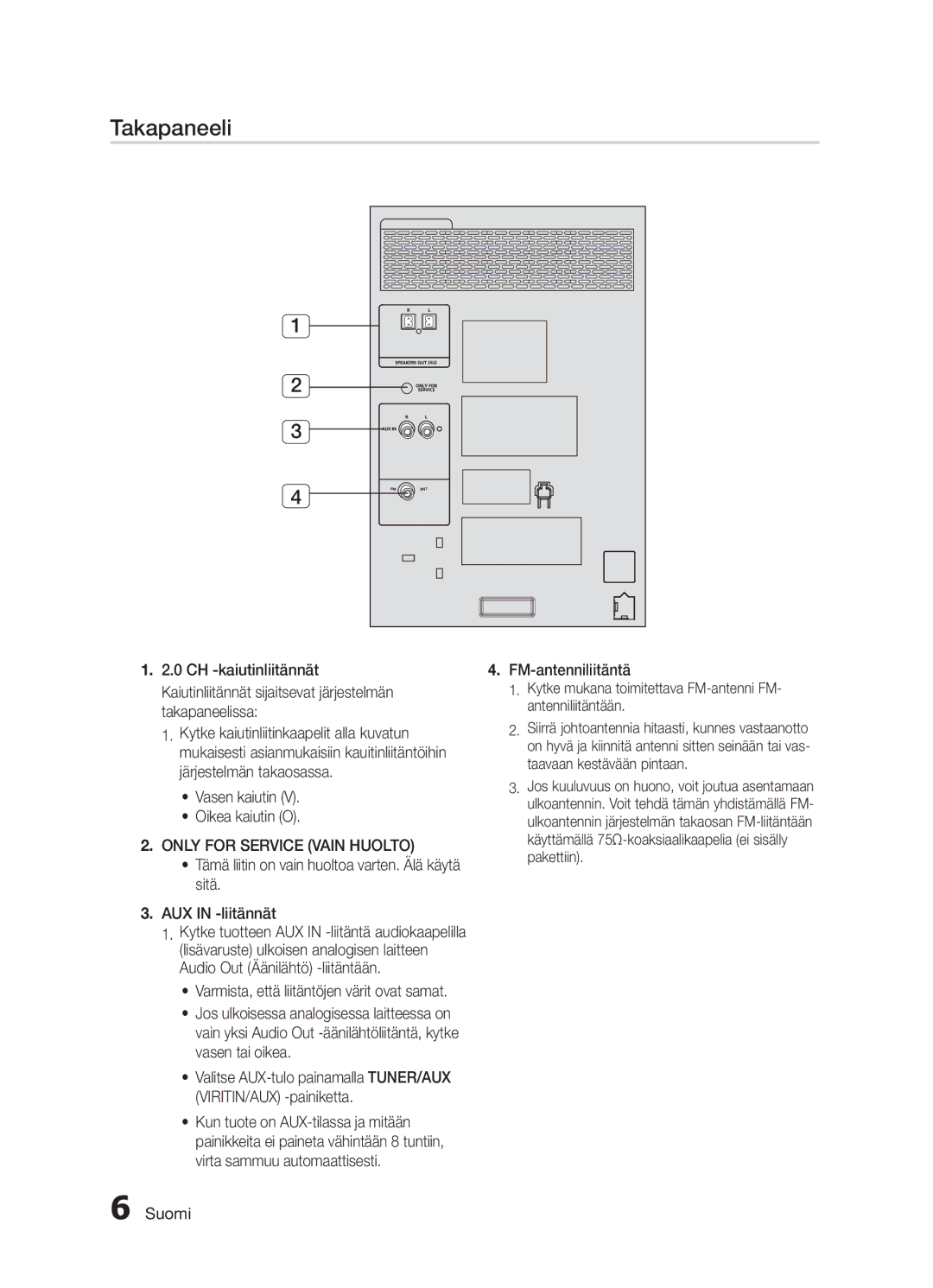 Samsung MX-H730/XE manual Takapaneeli, CH -kaiutinliitännät, Kaiutinliitännät sijaitsevat järjestelmän takapaneelissa 