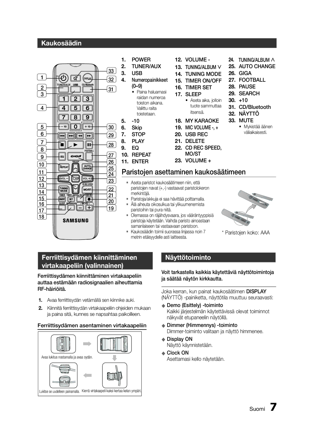 Samsung MX-H730/XE manual Paristojen asettaminen kaukosäätimeen, Kaukosäädin, Näyttötoiminto 