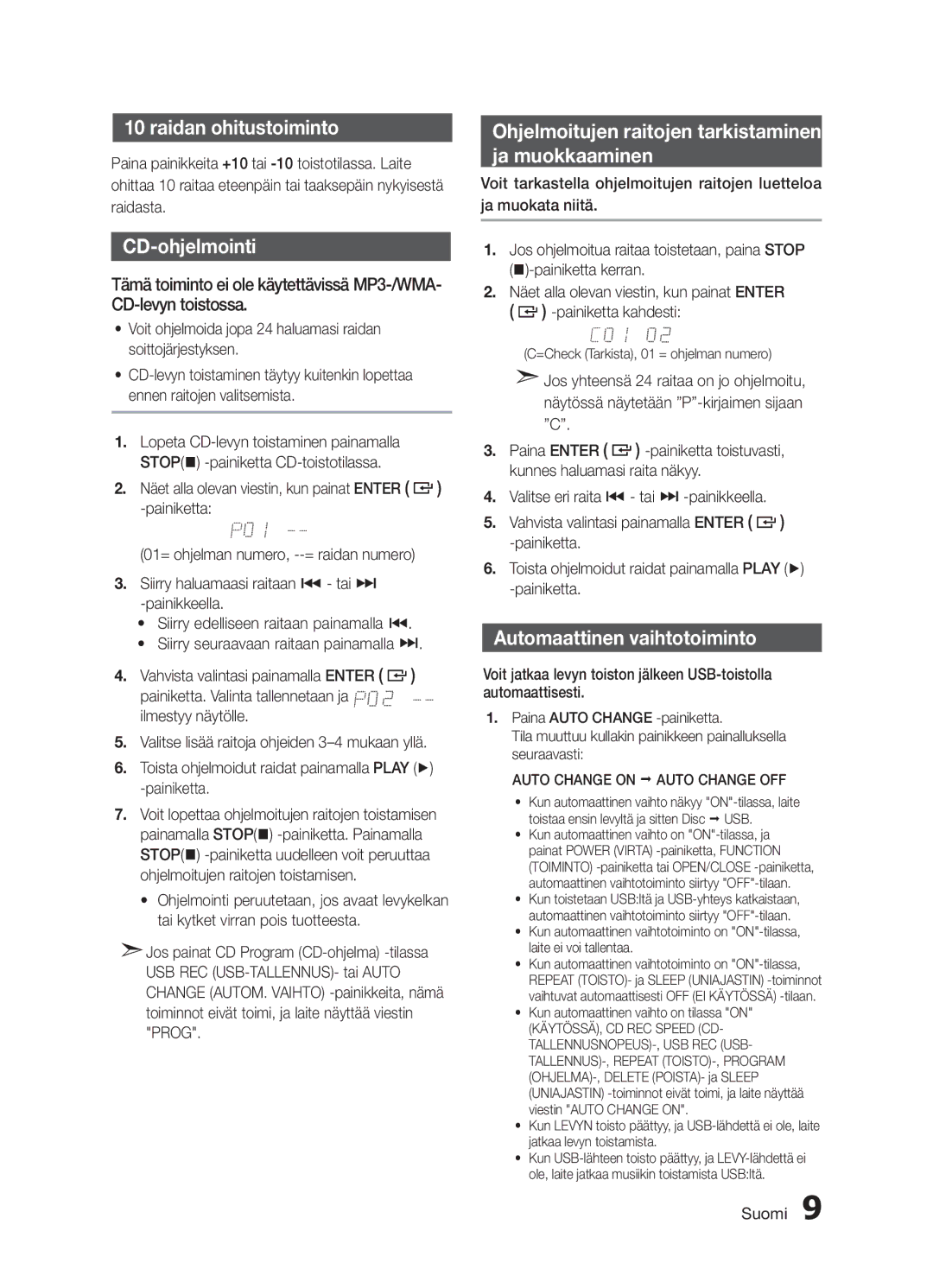 Samsung MX-H730/XE manual Raidan ohitustoiminto, CD-ohjelmointi, Ohjelmoitujen raitojen tarkistaminen Ja muokkaaminen 