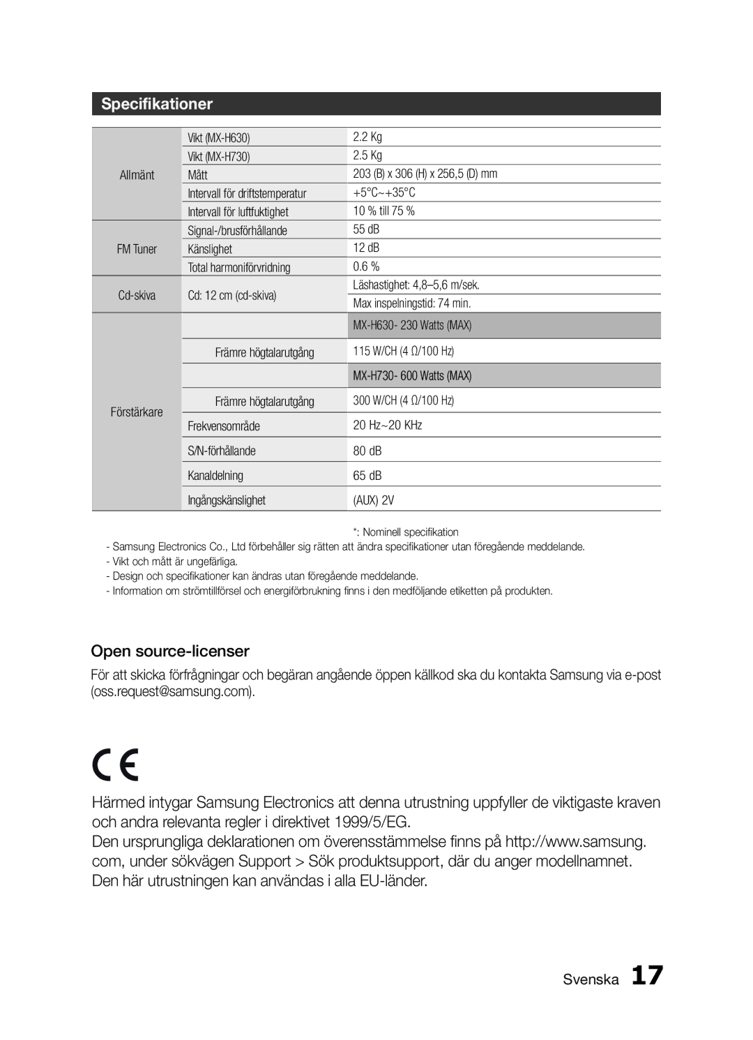 Samsung MX-H730/XE manual Specifikationer 