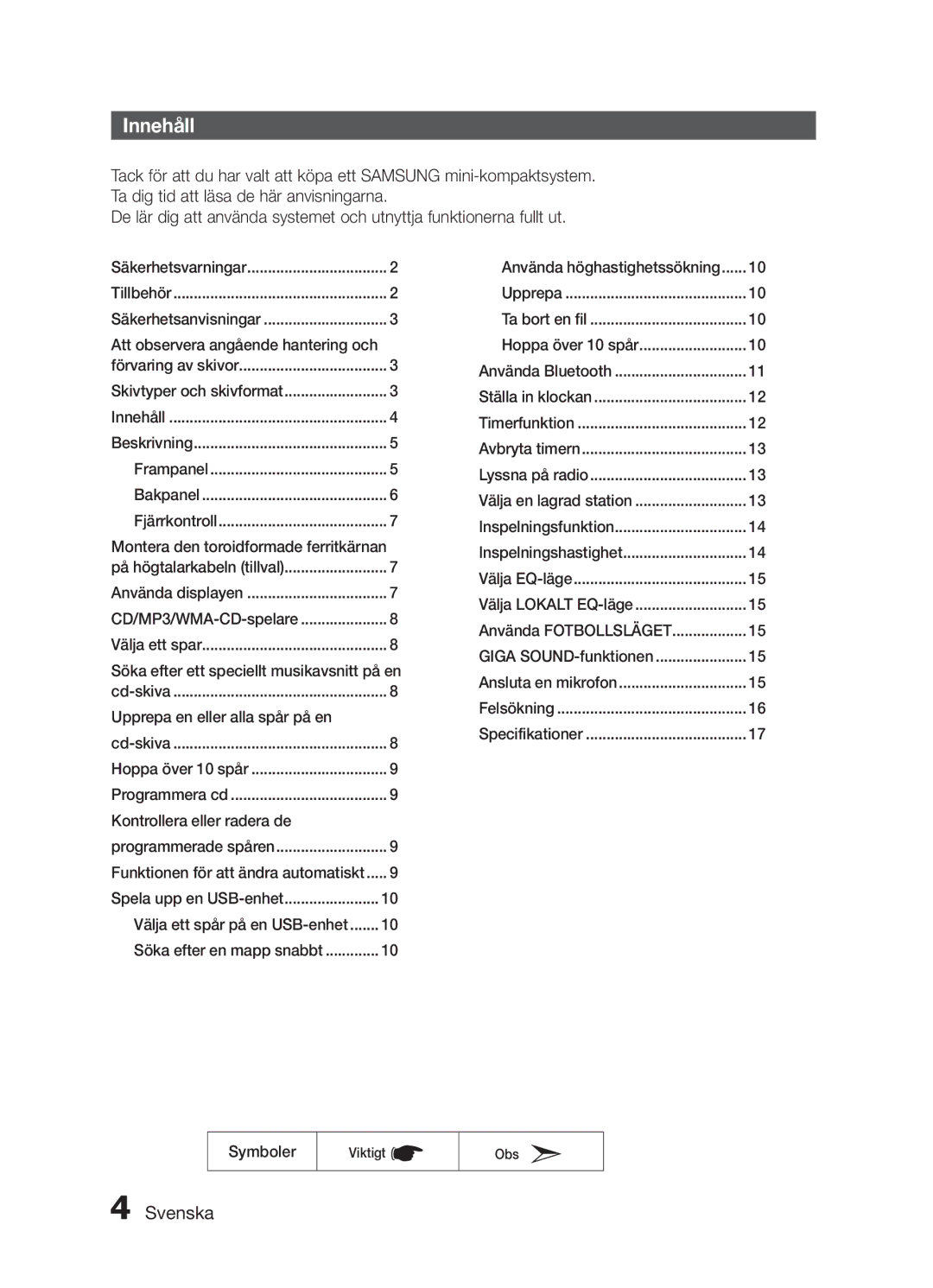 Samsung MX-H730/XE manual Innehåll 