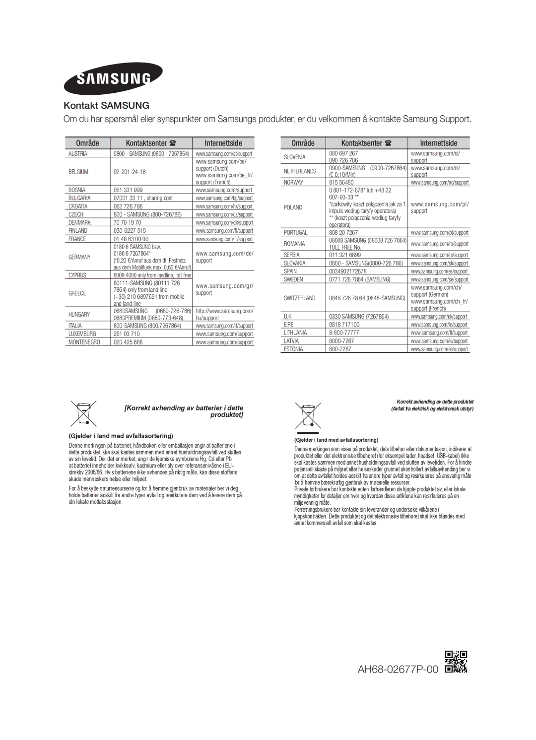 Samsung MX-H730/XE manual Kontakt Samsung, Område Kontaktsenter  Internettside 