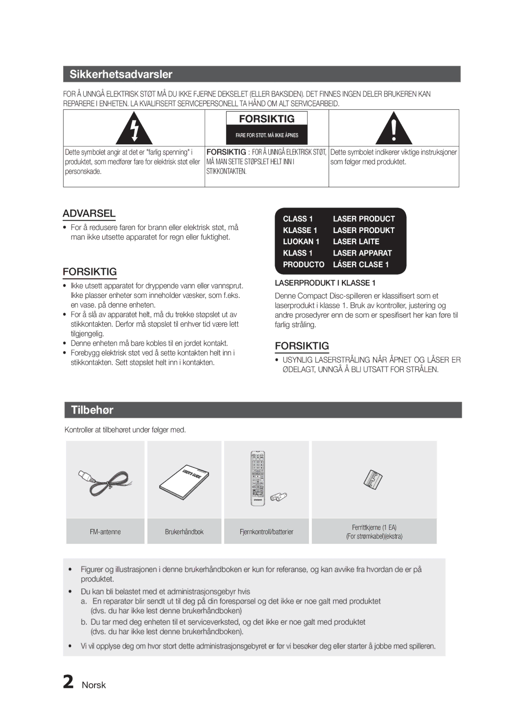 Samsung MX-H730/XE manual Sikkerhetsadvarsler, Tilbehør, Norsk, Som følger med produktet, Personskade 